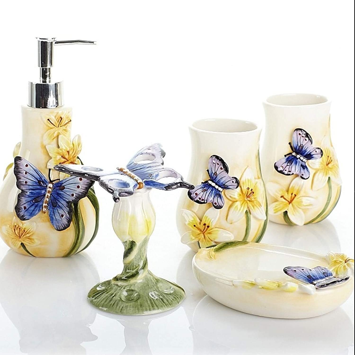Badezimmer Set Dreidimensionales Relief-Badezimmer-Accessoires-Set 5-teiliges Keramik-Badezubehör-Schmetterlingsmuster-Set Dekoration Organizer
