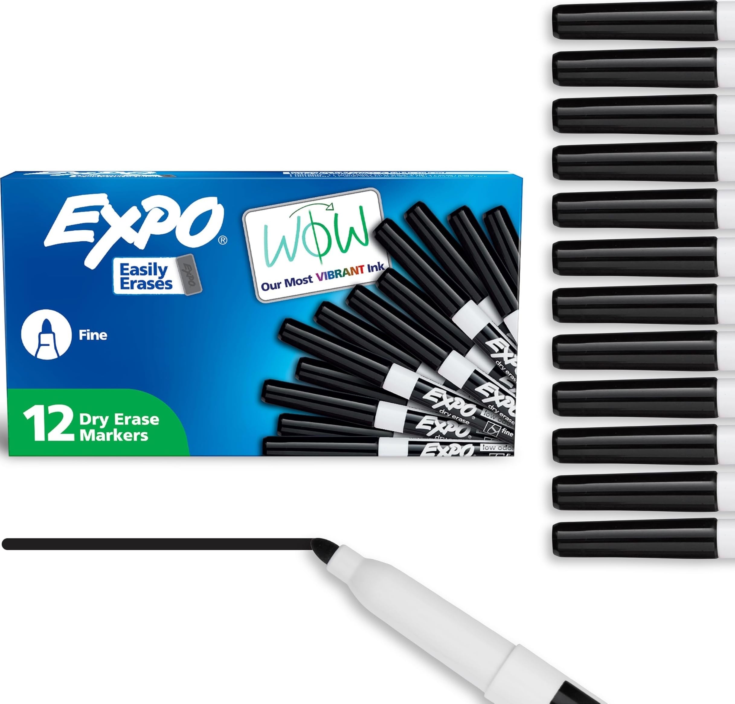 EXPO Dry Erase Markers, Low Odor Ink, Black, Fine Tip, 12 Count - Whiteboard, Calendar, Organization, Essential Supplies for 