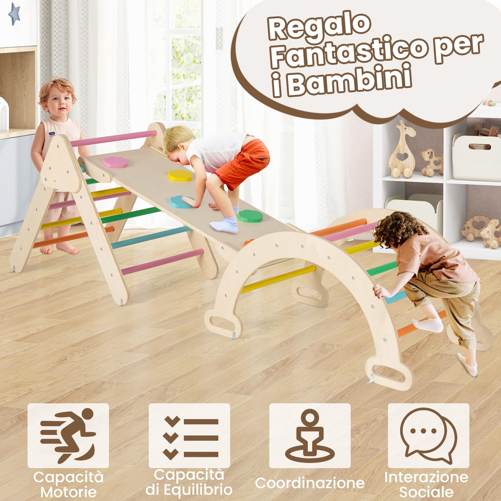 RELAX4LIFE 4 in 1 Triangolo da Arrampicata con Scivolo per Bambini, Arco da Arrampicata e Scala per Arrampicarsi in Legno, Montessori Giocattoli Bimbi 2 3 4 5 Anni