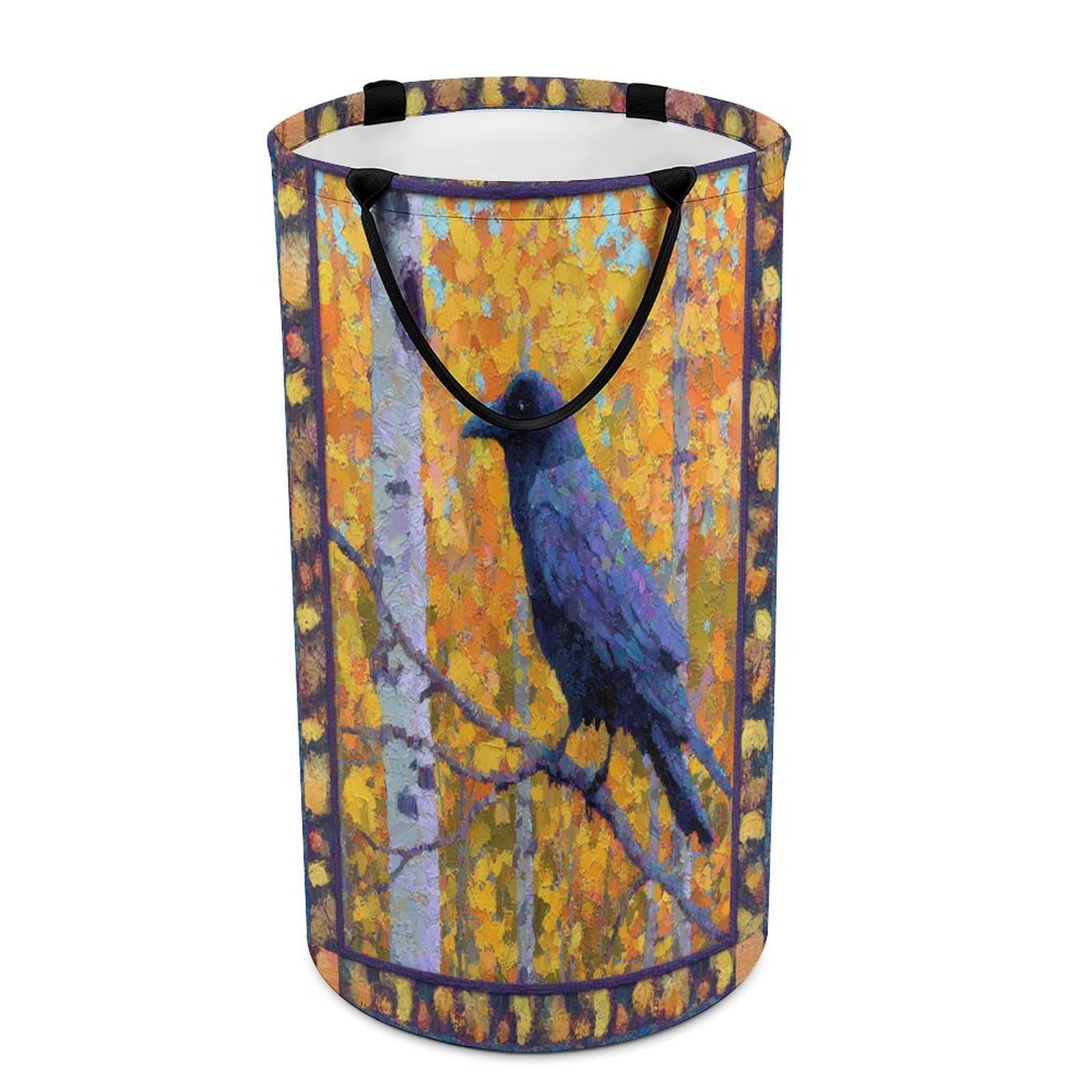 LUYYSKY Retro Realistic Raven Collapsible Dirty Clothes Basket, Mid Century Classic Autumn Plants Maple Trees Animals Crow Portable Clothes Storage Basket