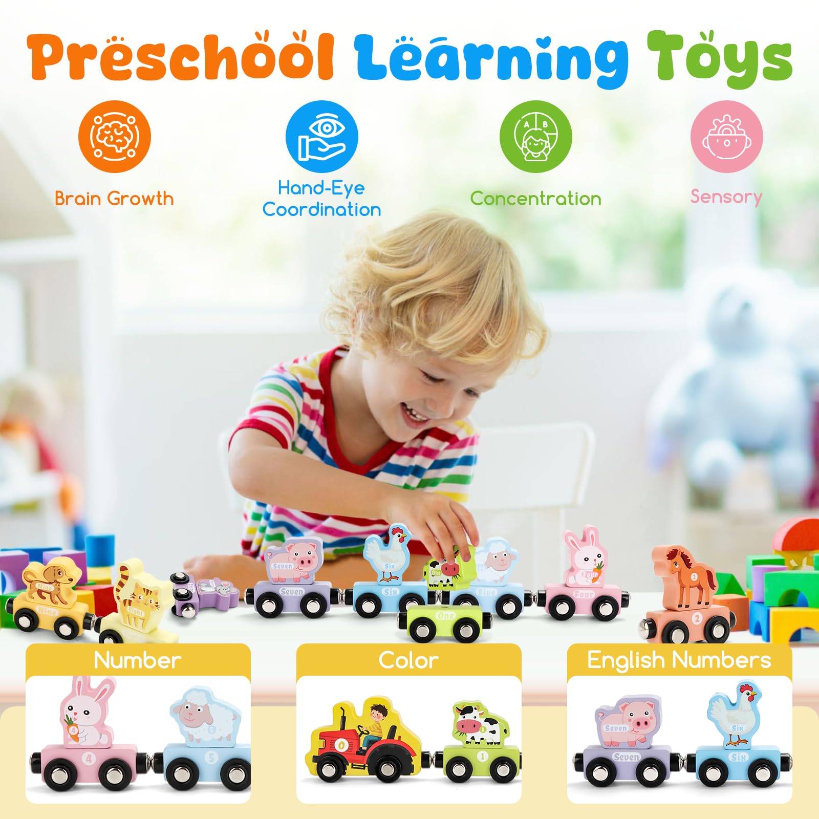 TenFans Magnetyczne zabawki do nauki dla chłopców w wieku 2-4 lat, drewniany zestaw do nauki dla maluchów, 11 szt., prezenty na pierwsze urodziny, Montessori Educational