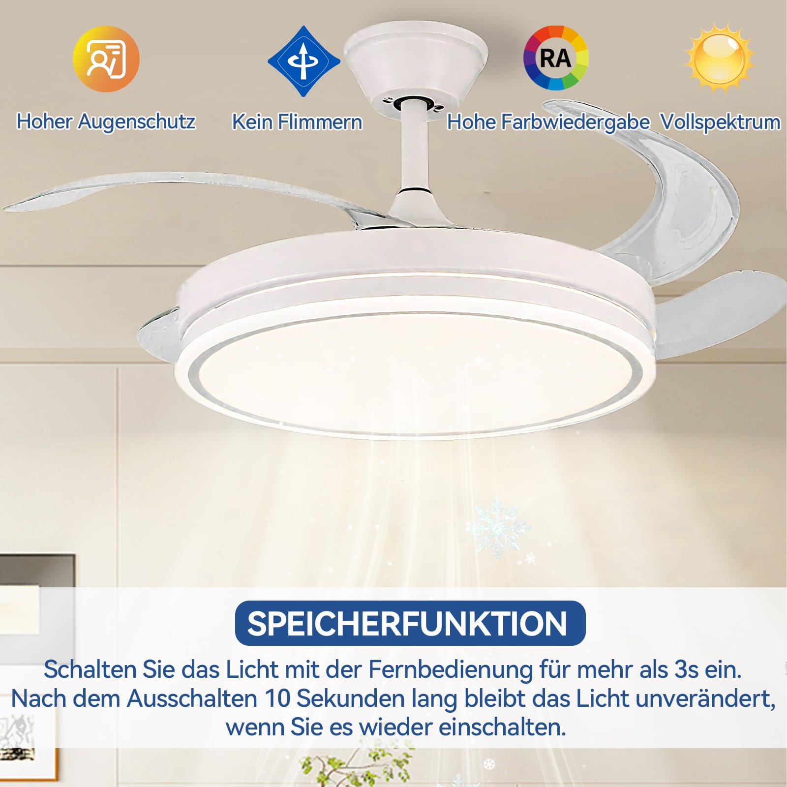 Warmfay Deckenventilator mit Beleuchtung, 108CM Ventilatorlicht Einziehbaren Flügeln, Leiser LED Deckenventilator, 3 Farbtemperaturen, Dimmbar, Reversible DC Motor, Timer, 6 Geschwindigkeiten, Weiß