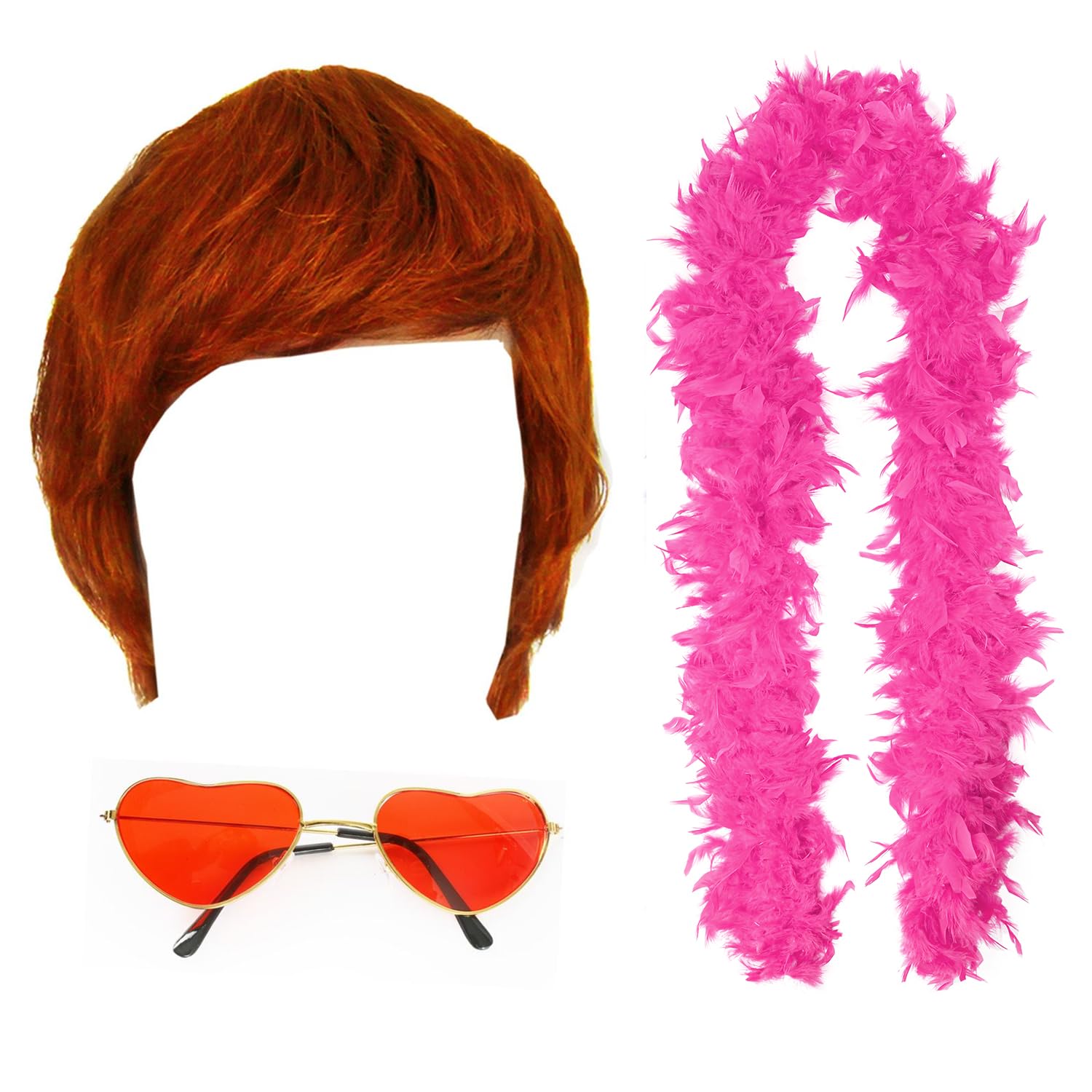 Farewell Tour Accessory Set - Ginger Wig, Red Heart Glasses and Pink Feather Boa - Adults 3 Piece Concert Pop Rock Icon Fancy Dress Accessory Set
