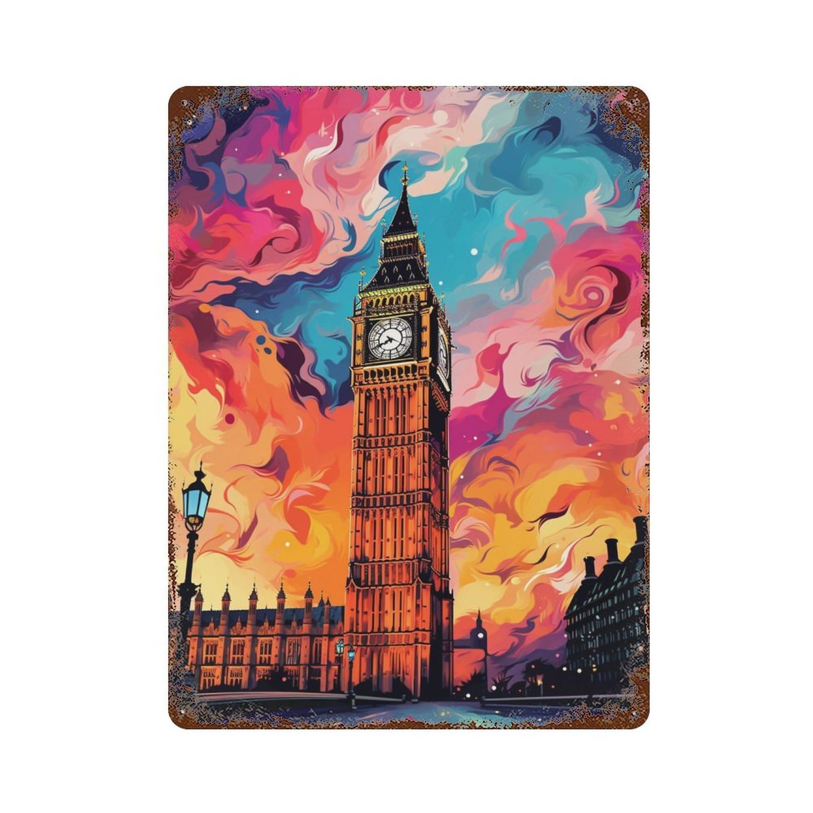 London Skyline with Big Ben -1 15.7"x11.8" Distressed Metal Wall Sign, Shabby Chic Decor for Office, Studio And Wall Decor