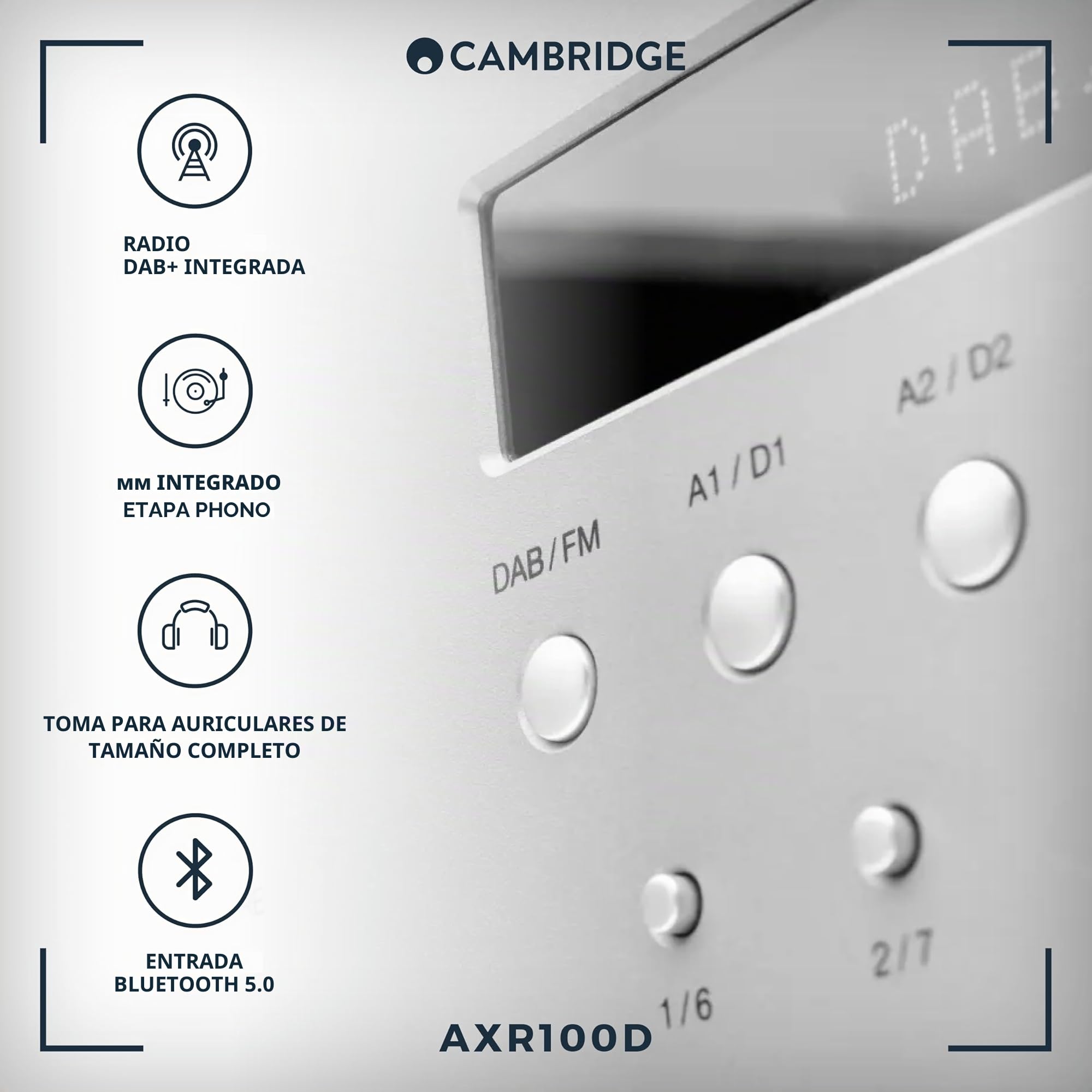 Cambridge Audio AXR100D Receptor Hi-FI estéreo Separado de 100 vatios con Etapa Phono incorporada, Radio Dab/FM y Bluetooth 5.0 - Gris Lunar