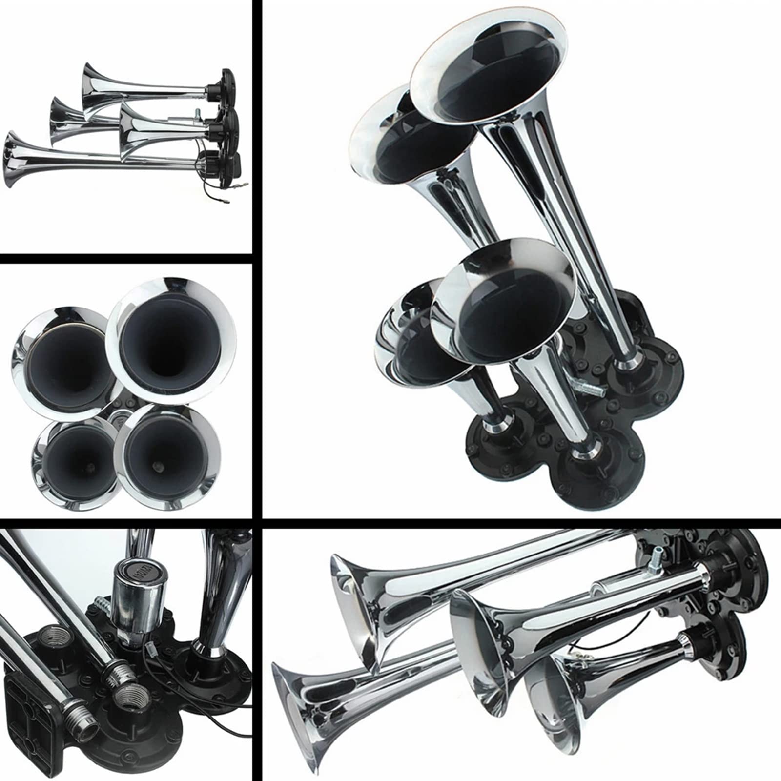 150.2db 12v / 24v Chrome Super Fort Kit De Corne à 4 Trompons De 4 Trompettes Universelle pour Camion Camion Bateau Moto Cornes