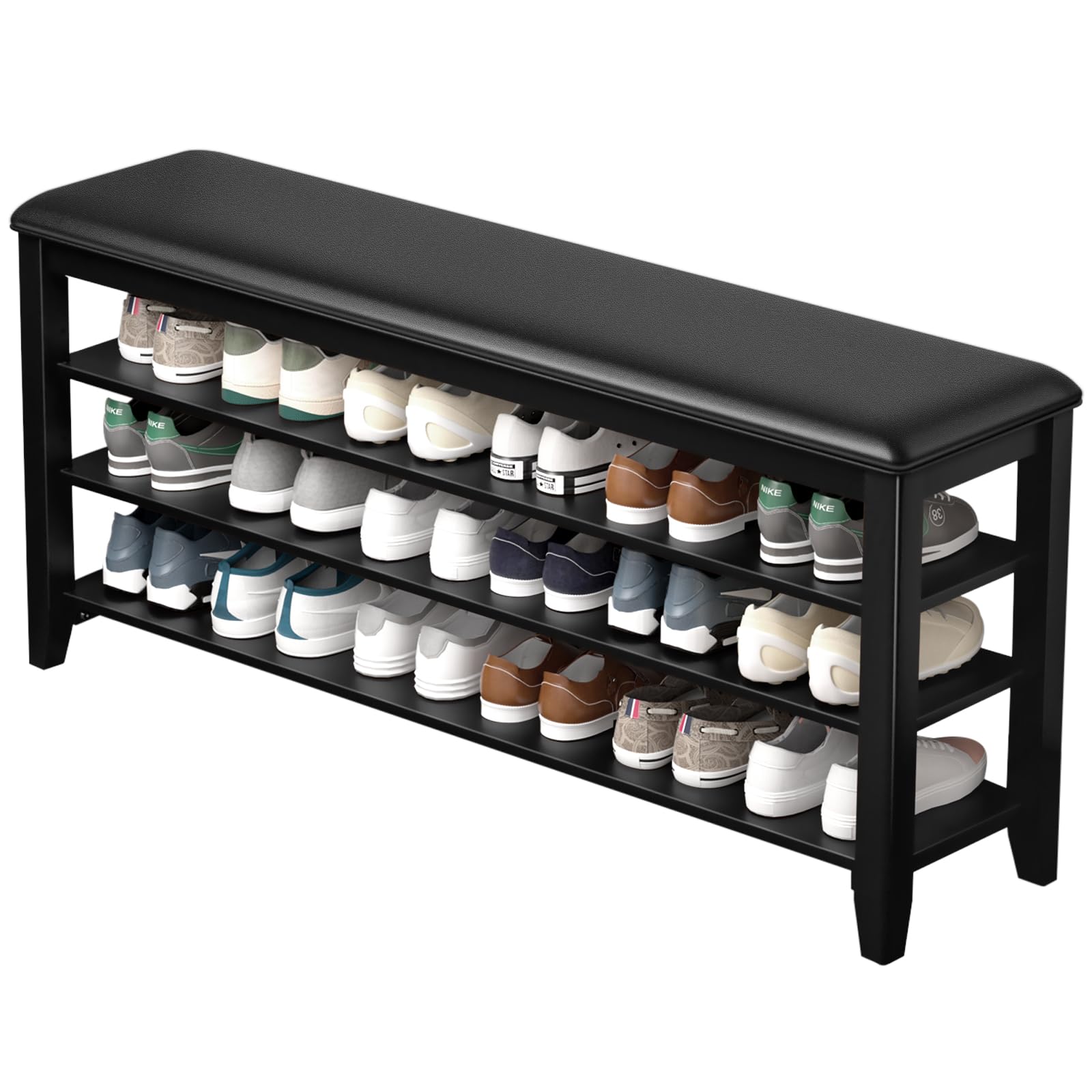 Taitiy Shoe Rack Bench, 3 Tier Adjustable Shelves Wood Entryway 23.6''