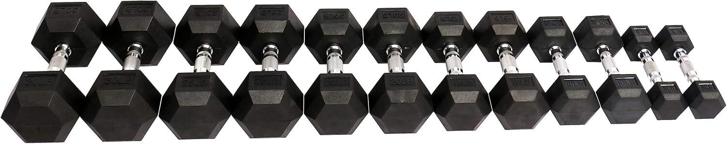 Signature Fitness Rubber Encased Hex Dumbbell, Set Including 5, 10, 15, 20, 25, 30LB Pairs