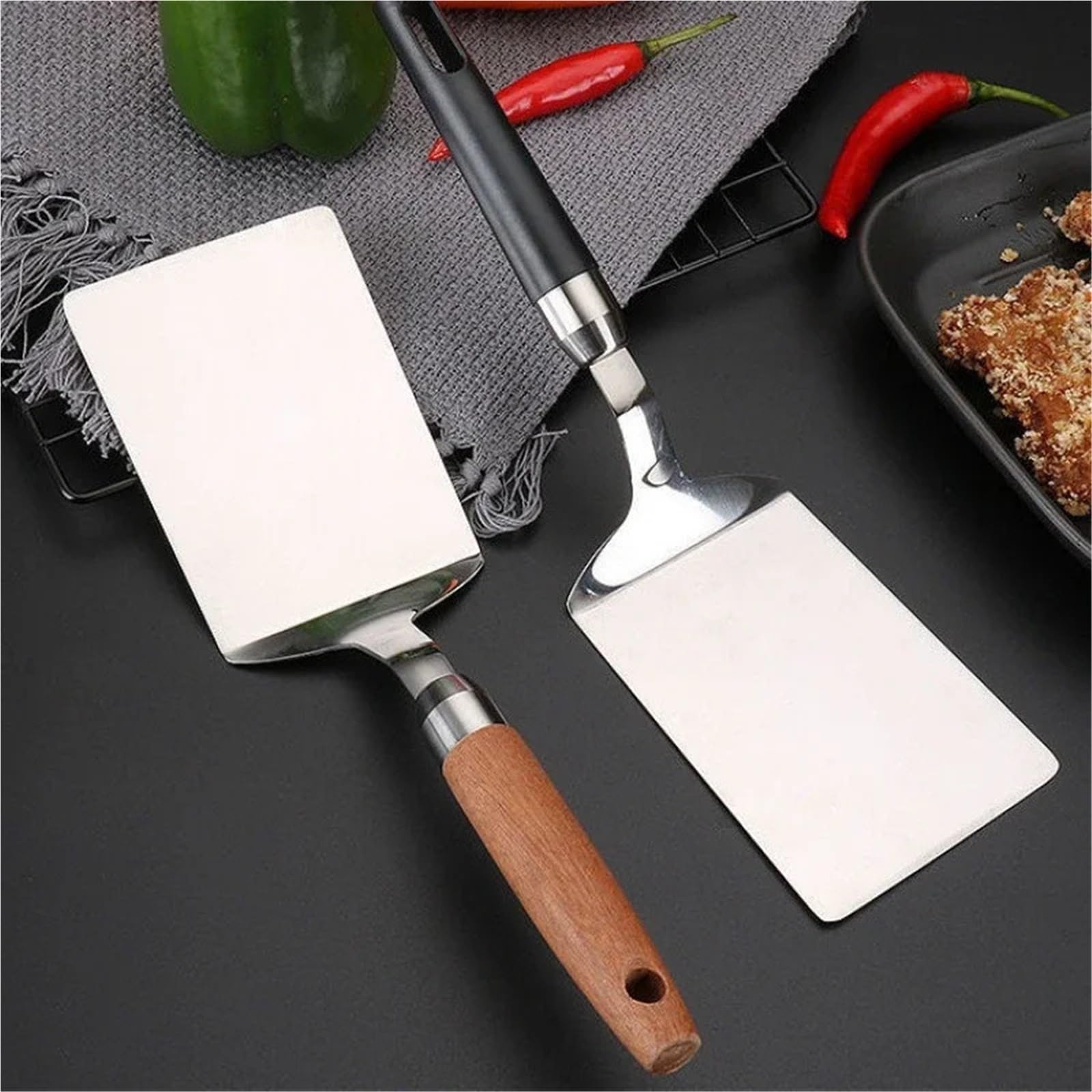 2 Stück Edelstahl-Steak-Kochspatel mit quadratischem Kopf Für Küchen Und Schränke | Pizzaschaufel, Pfannkuchen, Rindfleischwender, Schaber, Holzgriff, Grillutensilien for die Küche