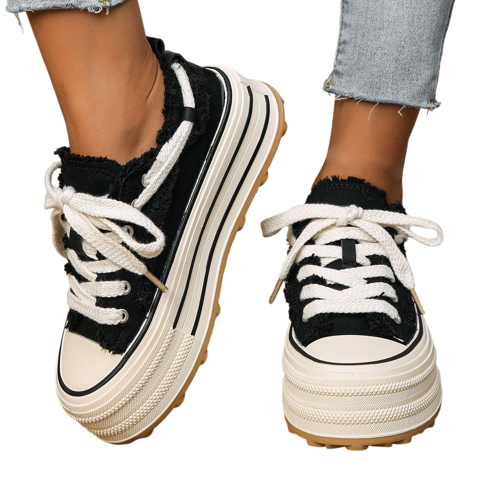 Baskets à plateforme pour femme - Chaussures de tennis classiques en toile - Couleur unie - Baskets tendance - Chaussures de randonnée décontractées