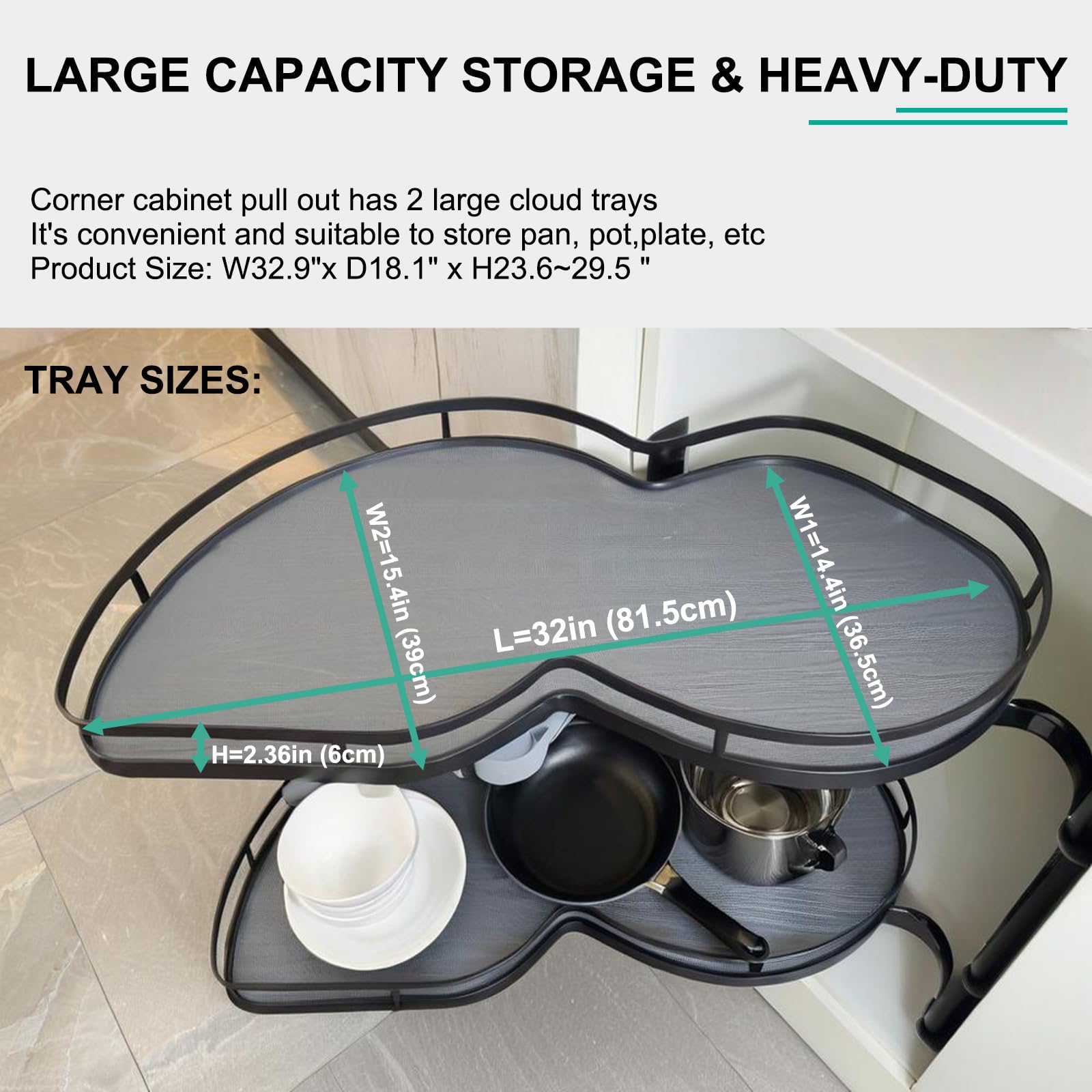 Lazy Susan - Organizer ad angolo per mobili ad angolo, 81,3 cm, a 2 ripiani, ad angolo, estraibile, con abbassamento automatico, altezza regolabile, colore: nero