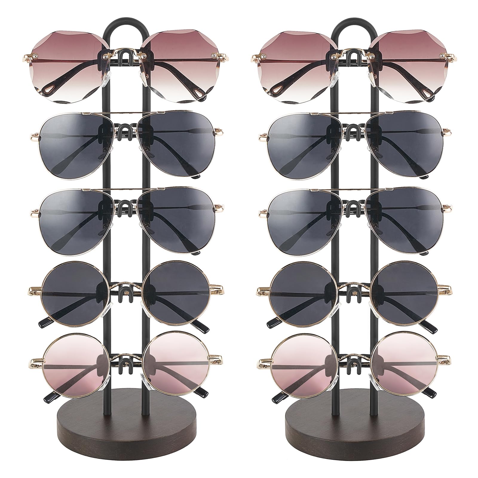 Photo 1 of Mkono Sunglasses Organizer Glasses Holder Stand Sunglass Storage Eyeglasses Rack Metal Frame with Wood Base for 5 Pairs of Eyewear Display for Table Desk Countertop Dresser Bedroom, Set of 2, Black