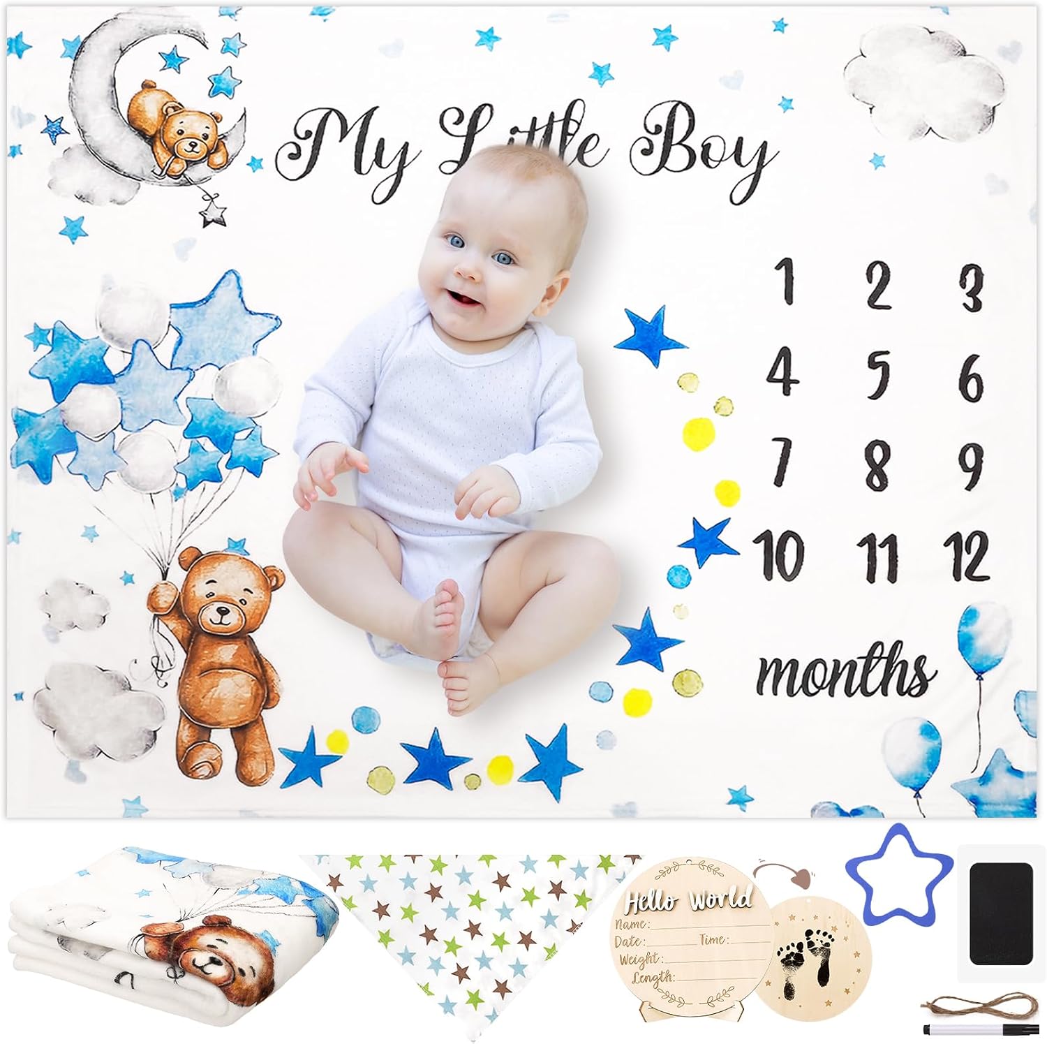 Baby Milestone Blanket for Boy Girl, Baby Monthly Milestone Growth Blanket Newborn Photography Background with Wooden Signs, Frames, Bandana