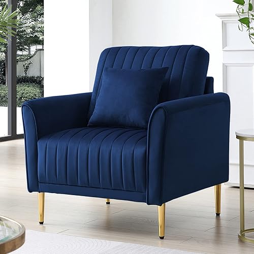 Velvet Accent Chair, Comfy Tufted Upholstered Armchair with Bolster Pillows, Golden Metal Legs, Modern Single Sofa Chair for Living Room, Bedroom, Office, Reading Room (Blue)