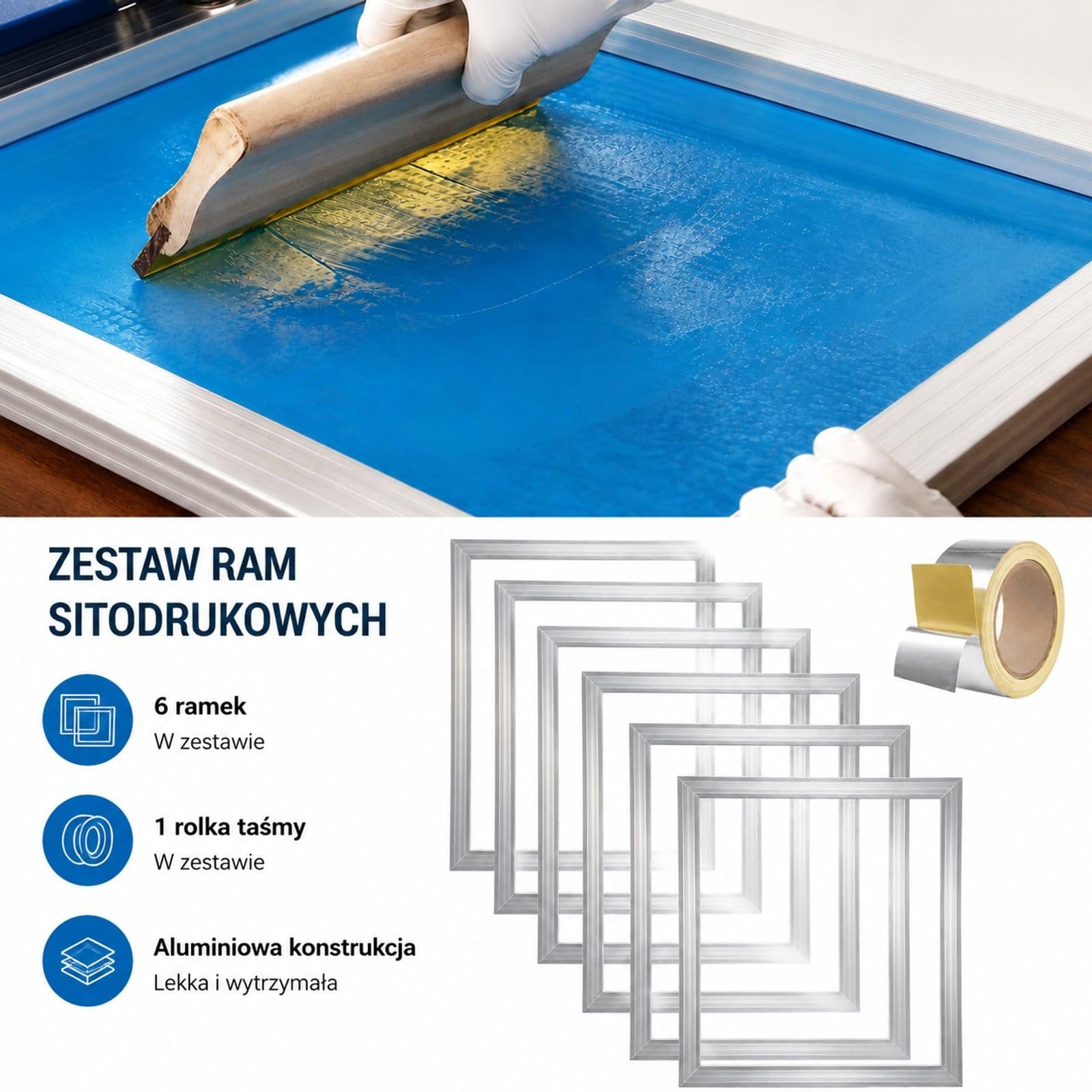 Zestaw sitodrukowy, 6 aluminiowych ram z siatką poliestrową i taśmą uszczelniającą na projekty T-shirt DIY