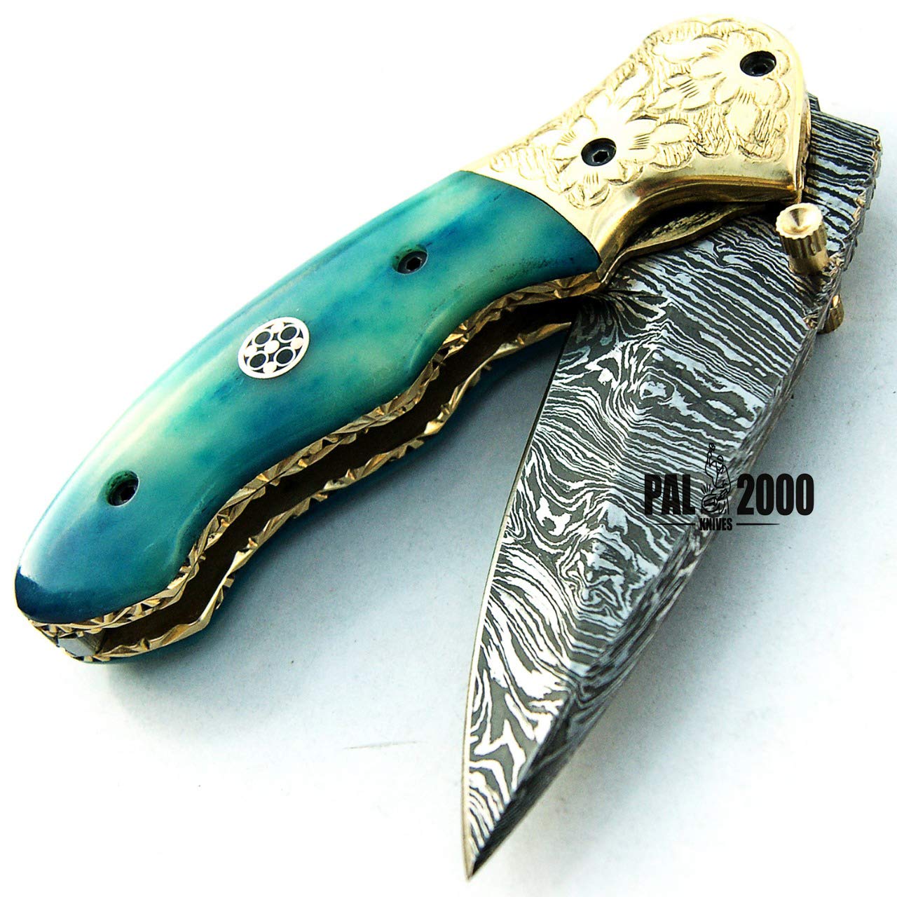 PAL 2000 SBRM-9418 Coltello Pieghevole in Acciaio con Lama in Acciaio Damasco con Custodia in Pelle 18 CM Maniglia Tinto Biglietto Cammello Chef Camping Cucina Casa da Pesca Giardino