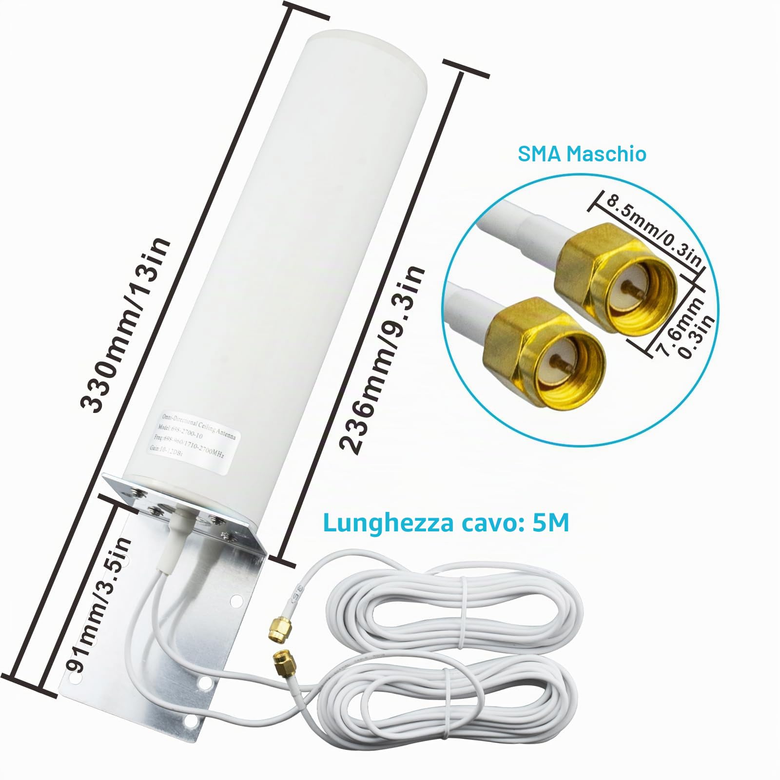 Antenna 4G Esterna 10DBi Dual SMA Maschio RG174 5M Cavo WiFi ad Alto Guadagno 3G 4G LTE Omnidirezionale per Router 5GLTE Hotspot Wireless