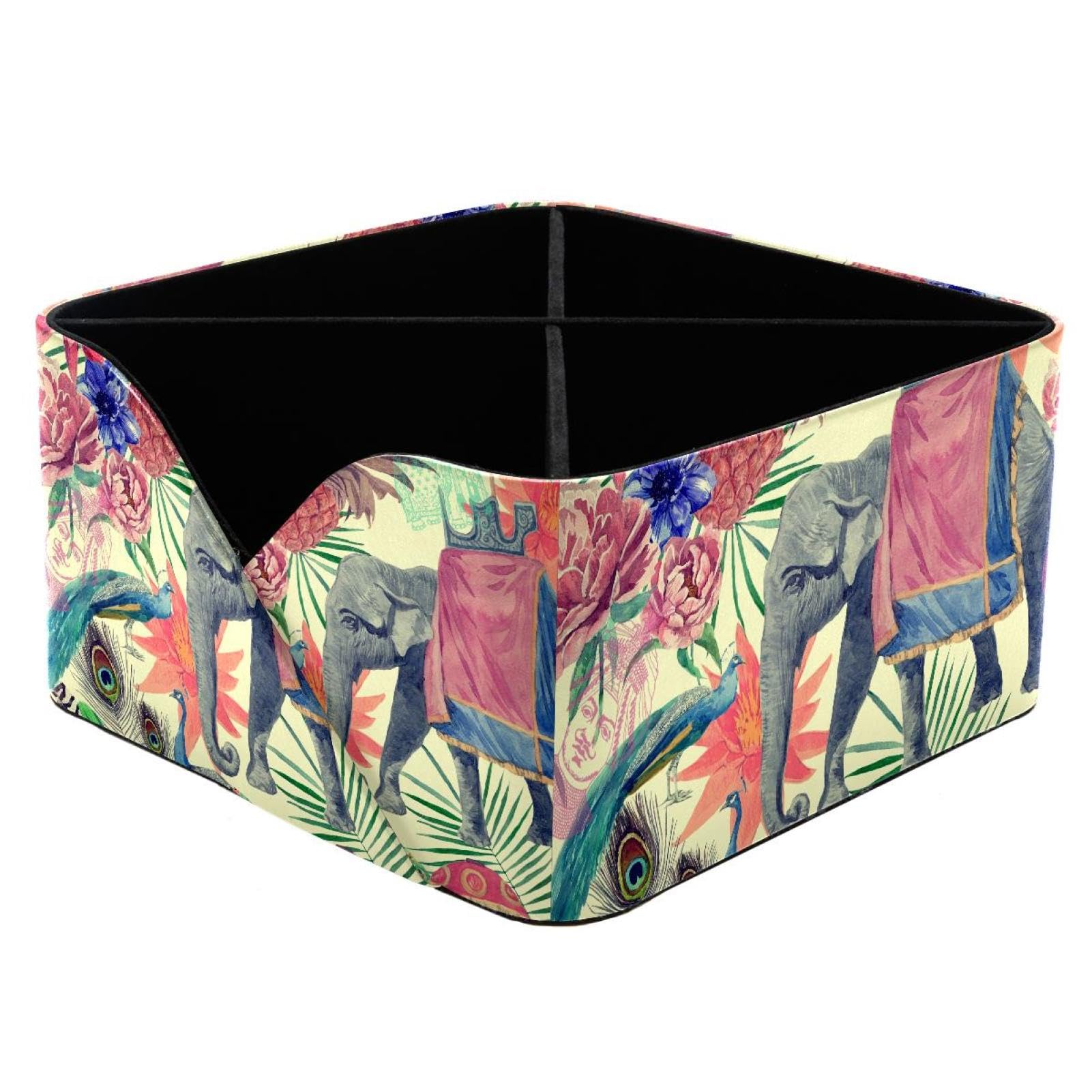 KengjuTesu Vintage Indian Elephant Peacocks Flowers Leaves Pattern Desktop Organizer Pen Holder, Rectangular Pencil Cup for Office, Study and Makeup Stations