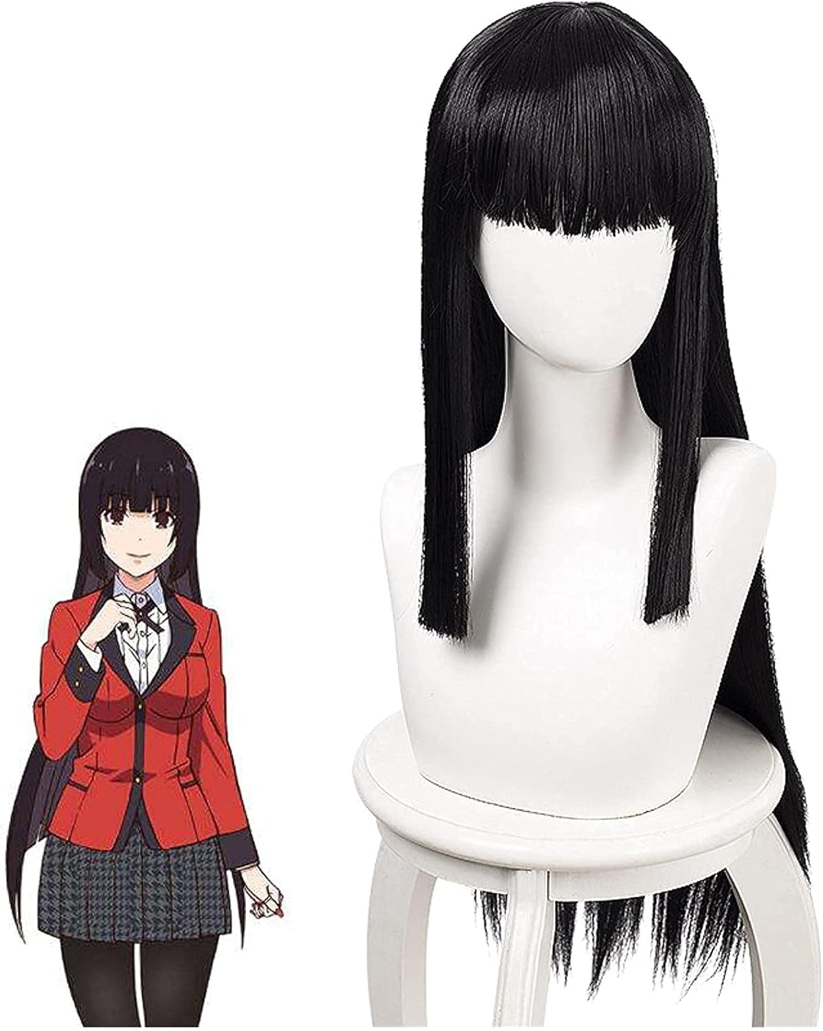 セール特別価格 ヘアキャップとかつら Kakegurui夢子ジャバミコスプレウィッグ 黒ストレート耐熱合成髪perucasコスプレウィッグ