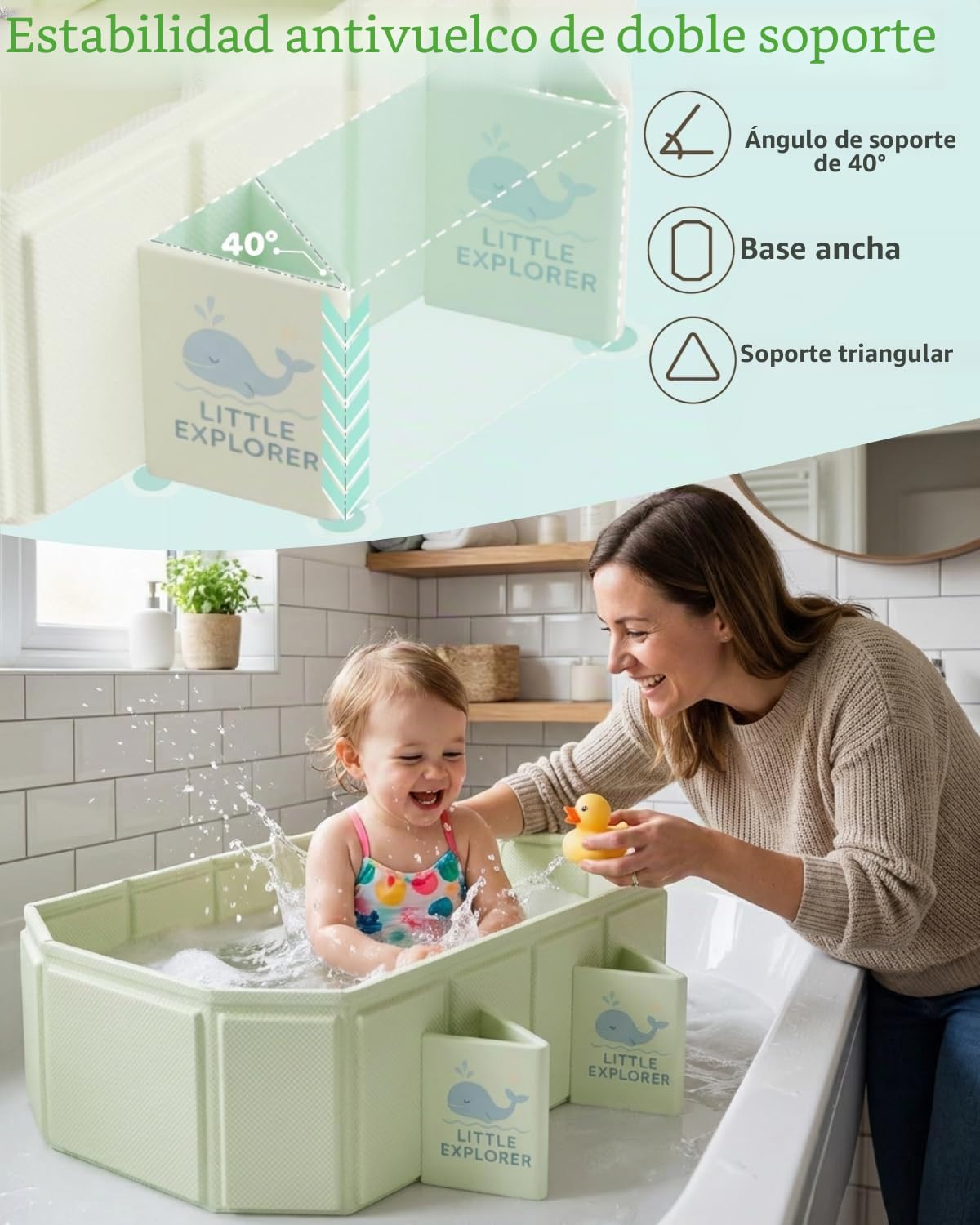 Bañera plegable portátil para bebés de 0 a 6 años, modelo infantil para ducha y viaje, diseño para niños con 4 patas estables y doble drenaje, fácil de guardar, verde