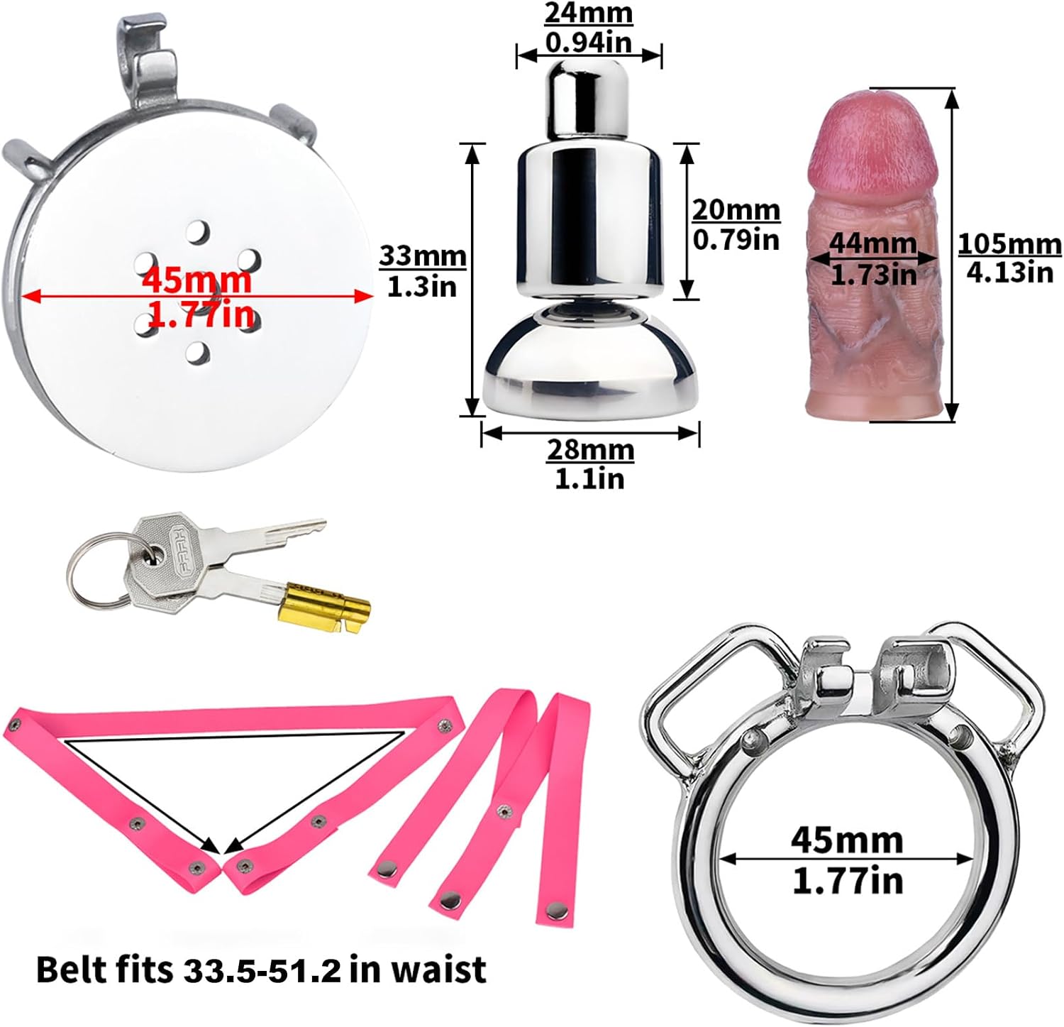 Male Adult Dildo Chastity Device Cock Cage with Belt - Silicone Anal Dildos Harness Dildo Stainless Steel Chastity Cage for Men Adult Sex Toy (45MM Ring)