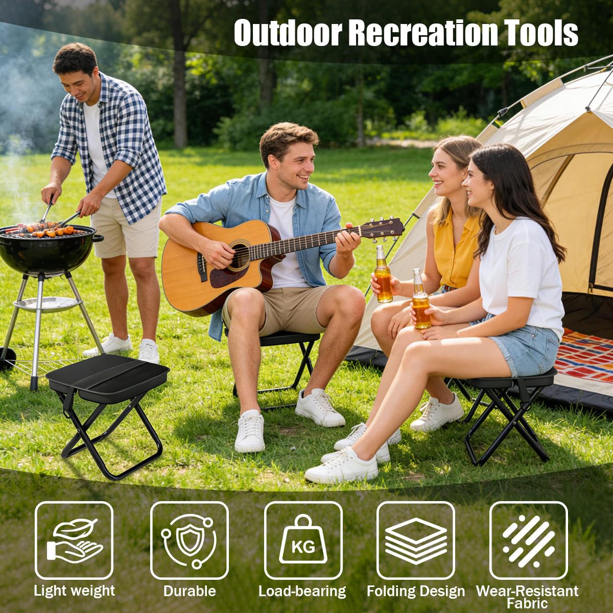 Sedia Pieghevole Portatile, Mini Sedia Pieghevole per Esterni con Tracolla e Sacchetto a Rete, Sgabello Pieghevole da Campeggio per Viaggi Escursionismo Giardino Pesca Barbecue (Black)
