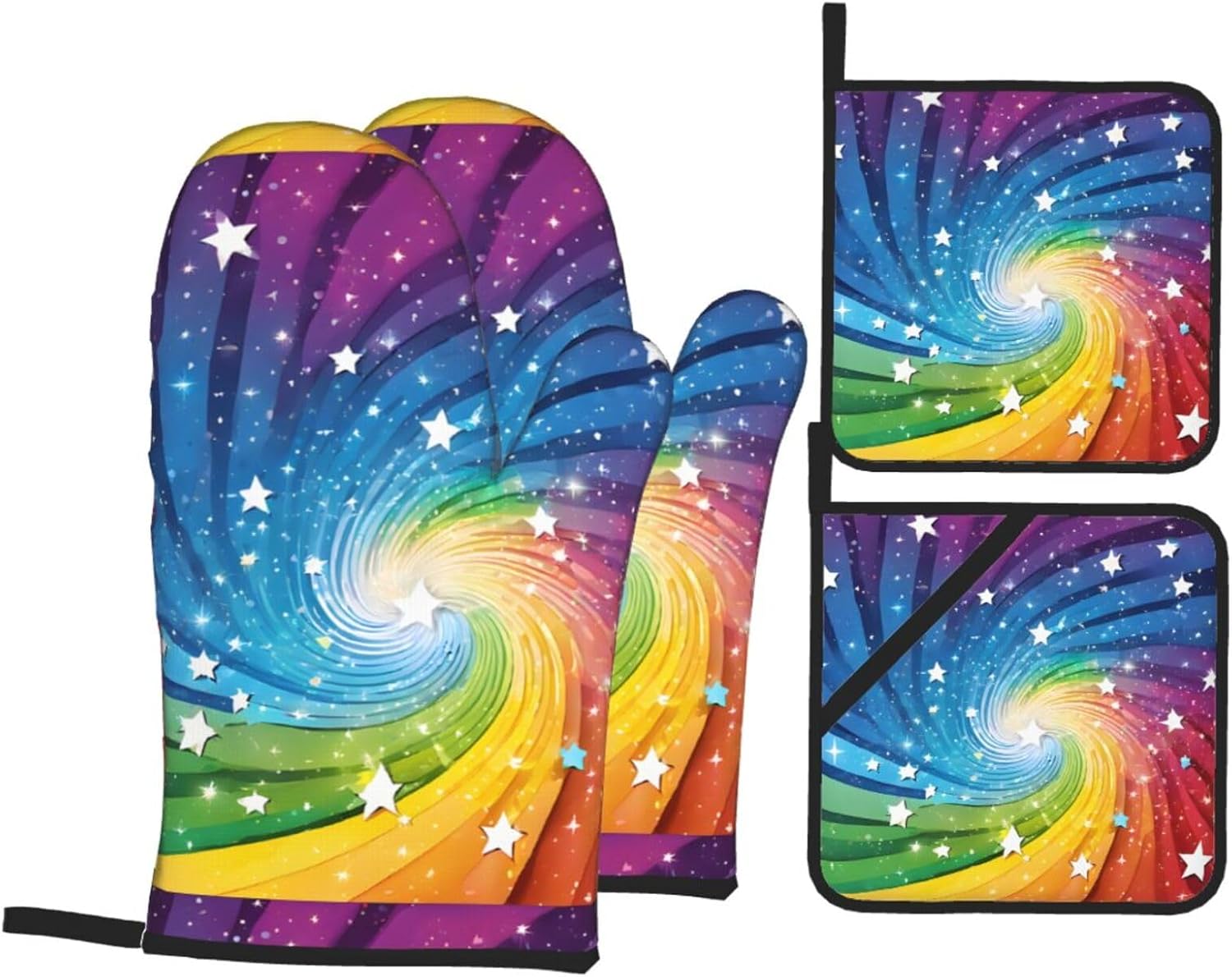 (Rainbow Background) Baking 4-Piece Set: 2 Oven Mitts and 2 Pot Holders Heat Resistant Waterproof Hanging Loop for Kitchen Oven Grill Housewarming Gifts