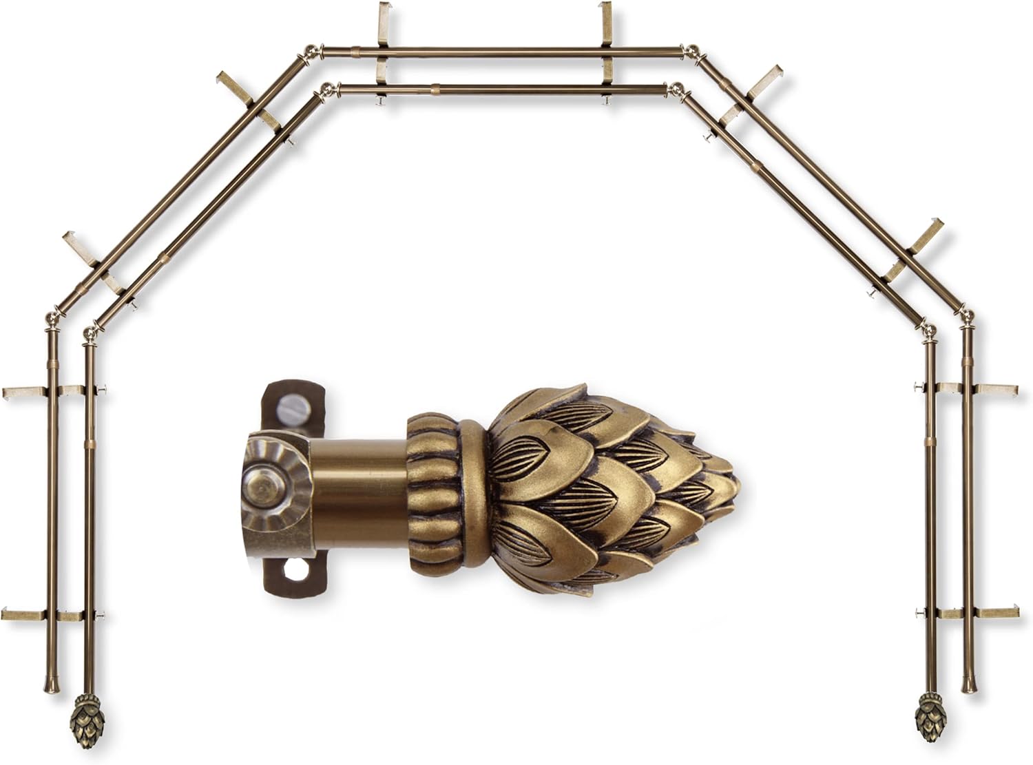A&F Rod Décor - Sprout 13/16" 5-Sided Double Bay Window Curtain Rod - Antique Brass