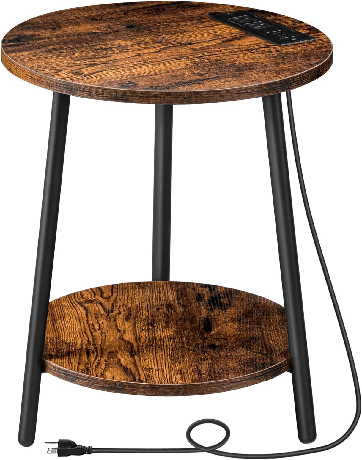 HOOBRO Round End Table with Charging Station, 2-Tier Small Circle Side Table, Round Accent Table for Living Room, Bedroom, Rustic Brown BF671BZ01