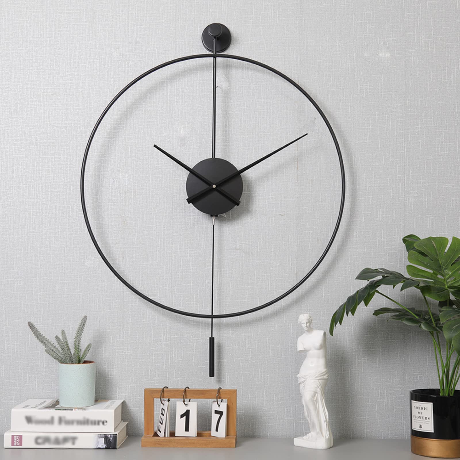 TPARIS Reloj De Pared De Péndulo Oscilante De Estilo Simple Moderno|Arte De Hierro Reloj Colgante Decor Redondo Silencioso Funciona con Pilas,Negro (manecillas De Aluminio),60 Cm (23,6 Pulgadas)
