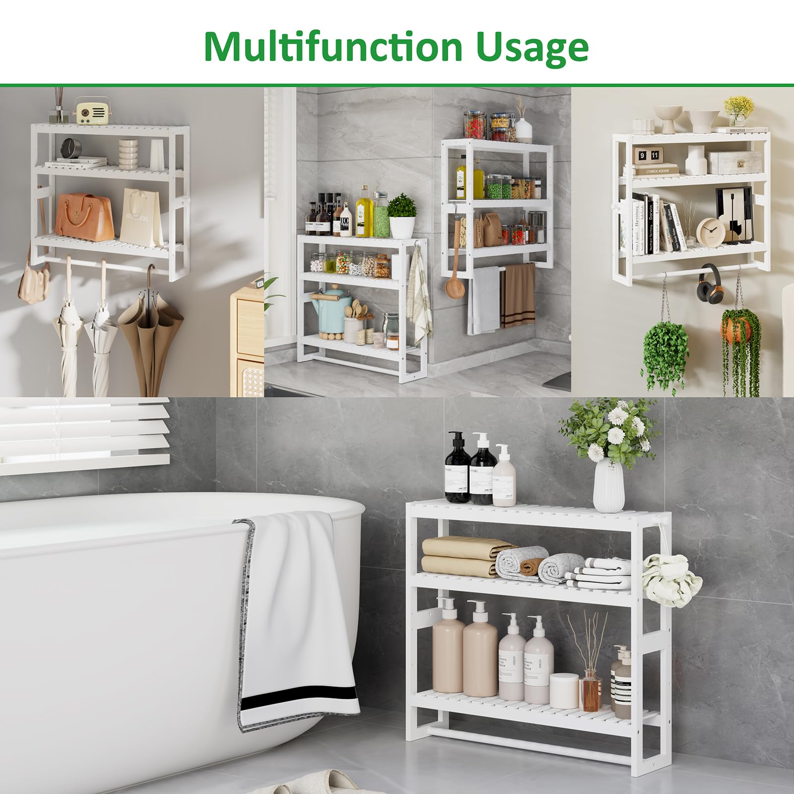 RRX Organizador de almacenamiento de estante de baño, 15 cm de profundidad x 60 cm de ancho x 53,8 cm de alto, organizador de cocina flotante de bambú de 3 niveles ajustable con barra, unidades de