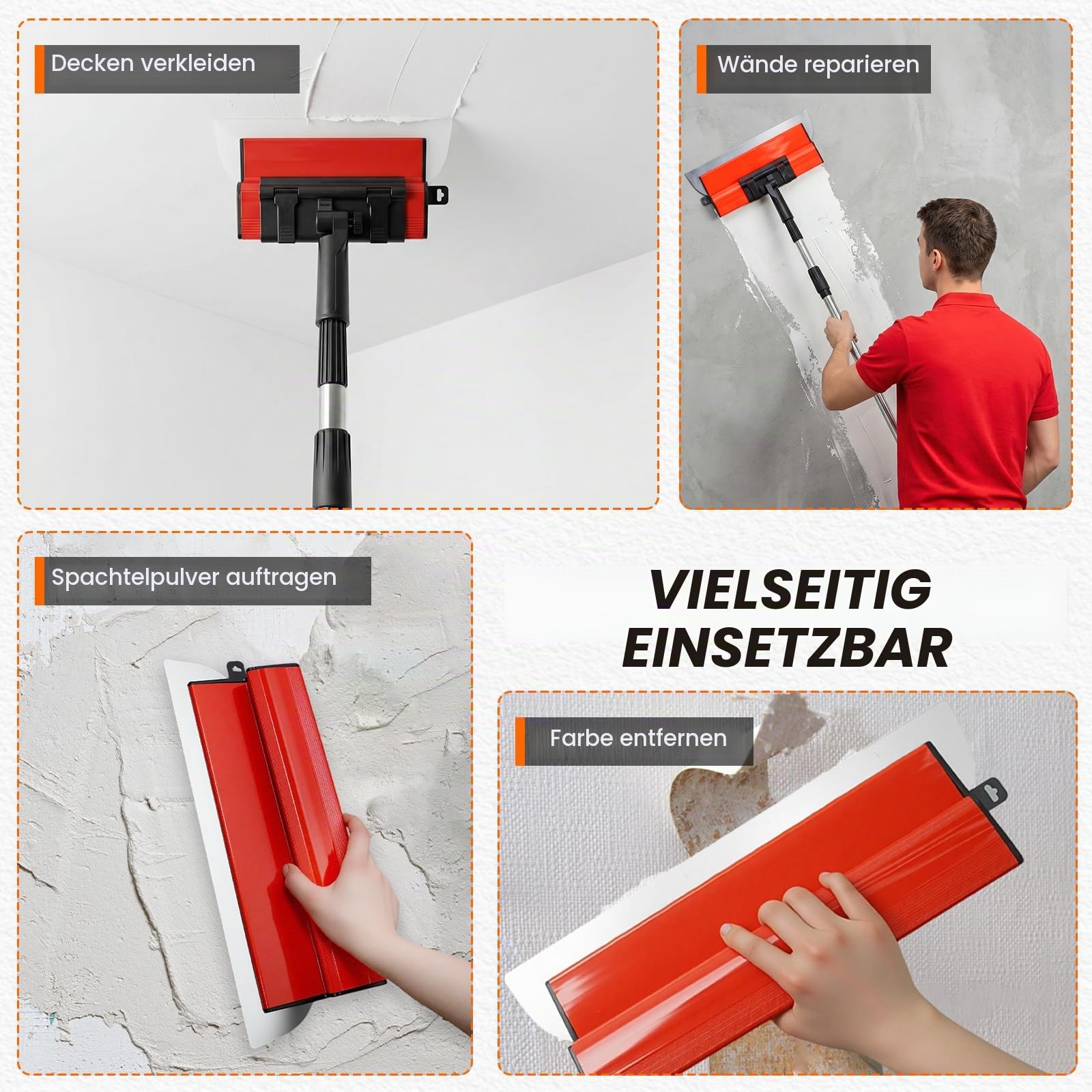 Premium Spachtelset, 5 x Flächenspachtel (200mm, 400mm, 600mm, 800mm, 1000mm), 0,35 mm und 0,5 mm Dicke, Teleskopgriff, Transportkoffer, Spatelsatz für Trockenbau und Verputzarbeiten