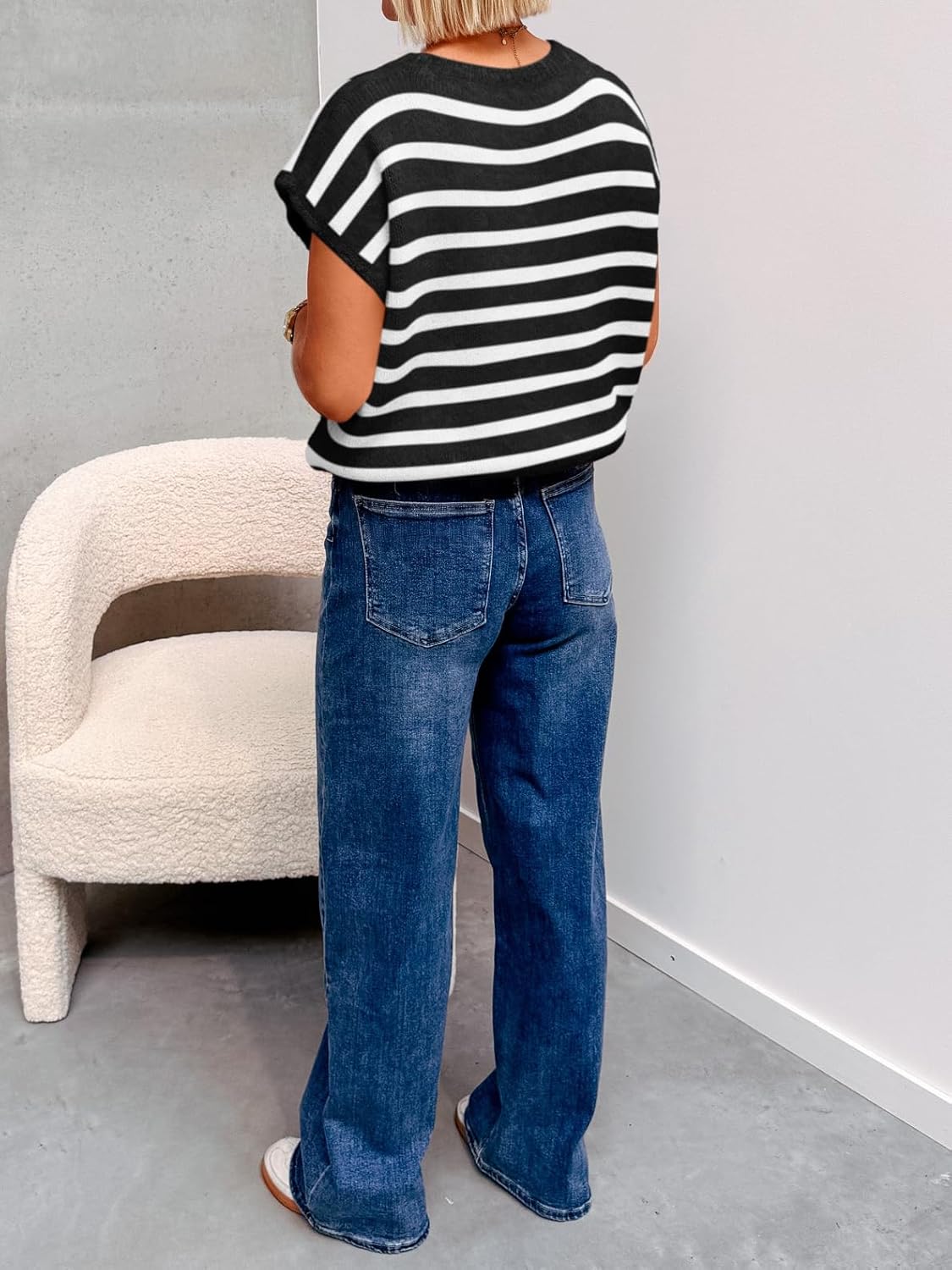 Cicy Bell Womens Striped Cap Sleeve Sweater Vest Crew Neck Button Down Cardigan Cute Knit Tops - Image 5