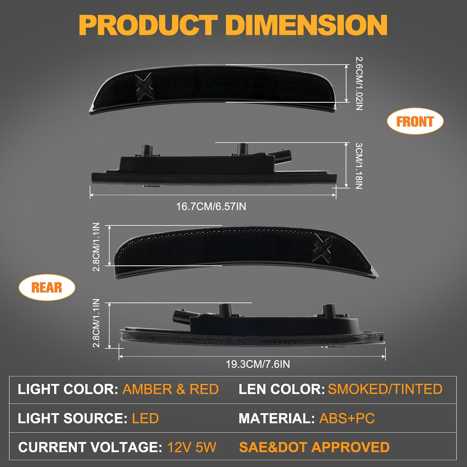 Gempro Xstyle LED Side Marker Lights Compatible with Dodge Charger LD 2015-2023 Front Rear Bumper Parking Signal Lamps Smoked Len, 4PCS (Front Amber Rear Red)