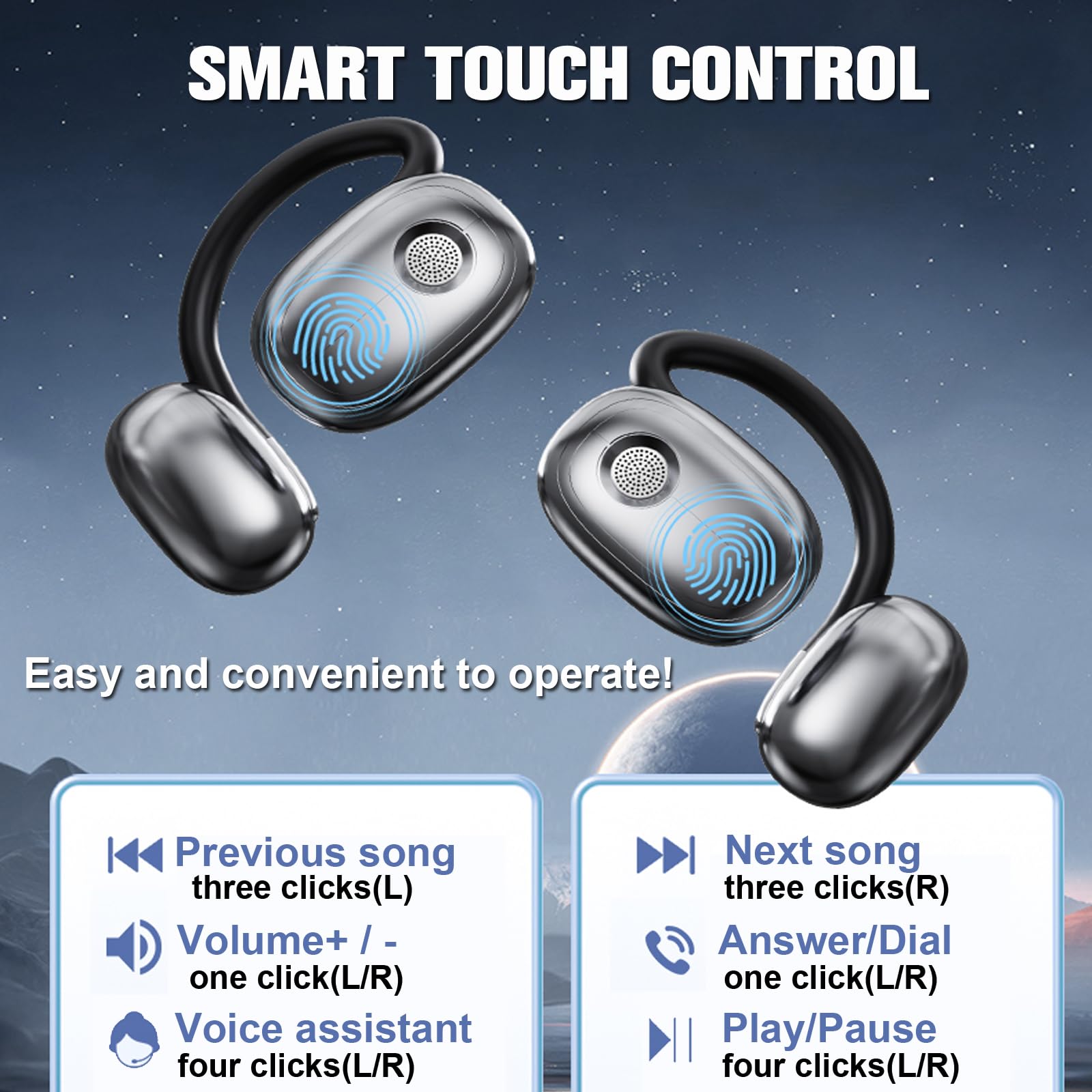 Open Ear Headphones Bluetooth Ear Buds 80Hrs Playtime Wireless Earbuds Earhooks Ipx7 Waterproof Touch Control Air Conduction Sport Headsets Bluetooth - View #4