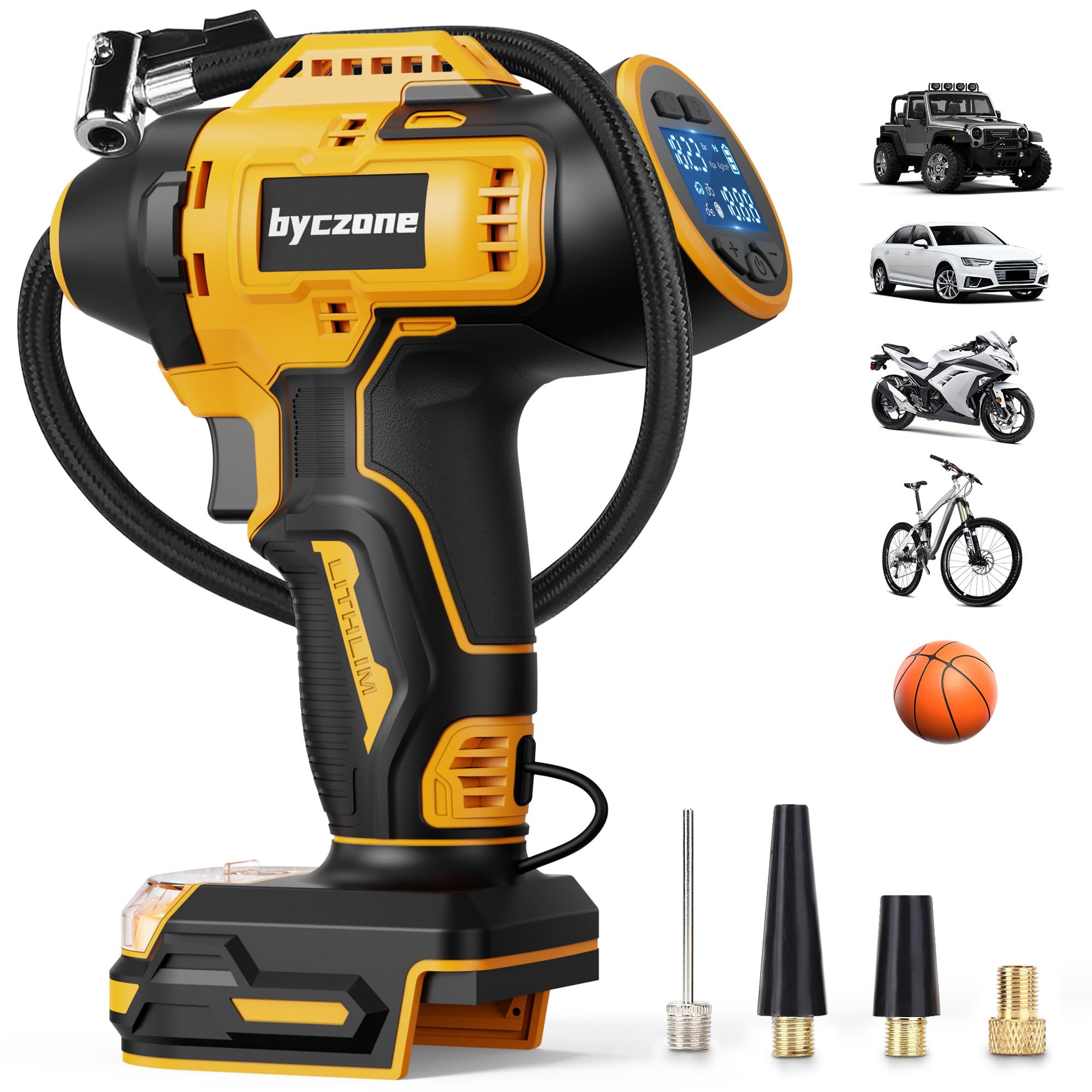 Gonfleur de pneu compatible avec batterie Dewalt 18 V, compresseur d'air sans fil 160 PSI avec manomètre numérique LCD, arrêt automatique, gonflage rapide pour voiture, vélo, ballon de sport