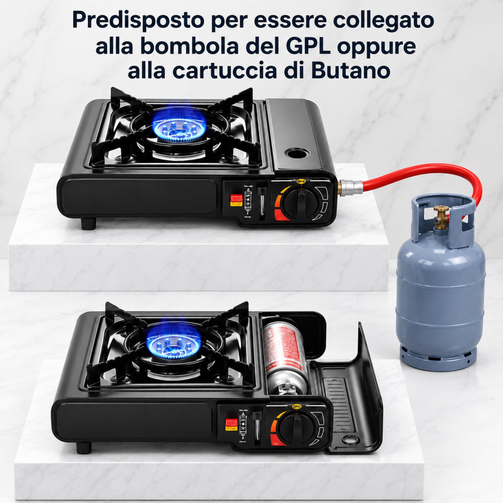 Fornello da Campeggio a Gas Portatile con Doppio Attacco Butano o GPL - Fiamma INTENSA e REGOLABILE - Valigetta Rigida - Fornello a Gas per Campeggio, Outdoor, Trekking, Camper e Altro