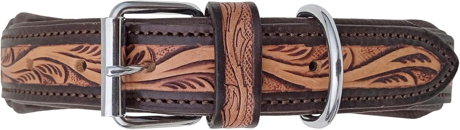 Leather Dog Collar Medium Size Western Style Heavy Duty Hand Tooled Adjustable Padded Soft for Small Puppies and Big Dogs 10AB140-M