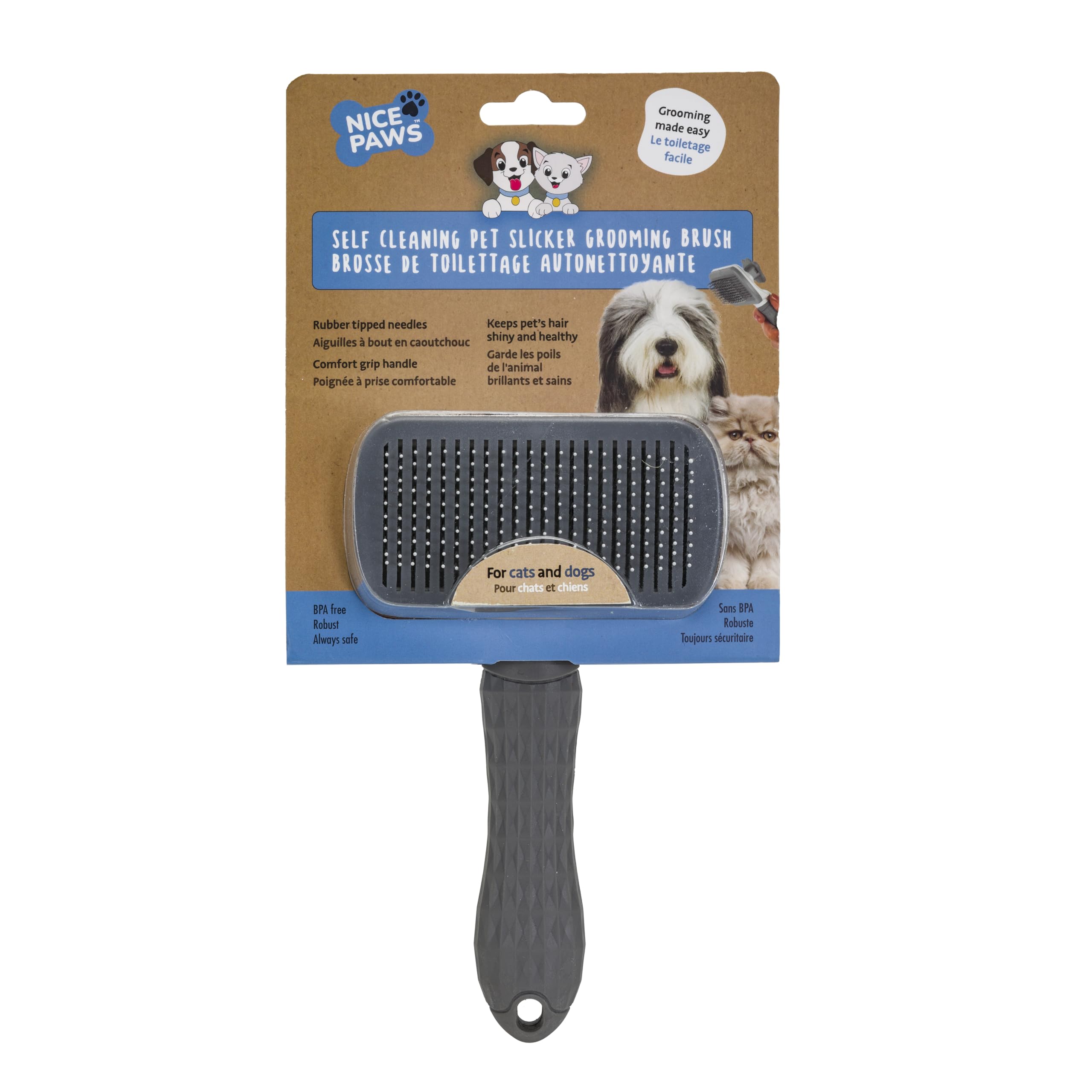 NICE PAWS Self Cleaning Slicker Brush - PINK/GREY/BLUE - 1Pc- Pet Grooming Shedding Brush for Dogs and Cats - Remove Loose Undercoat & Tangles -
