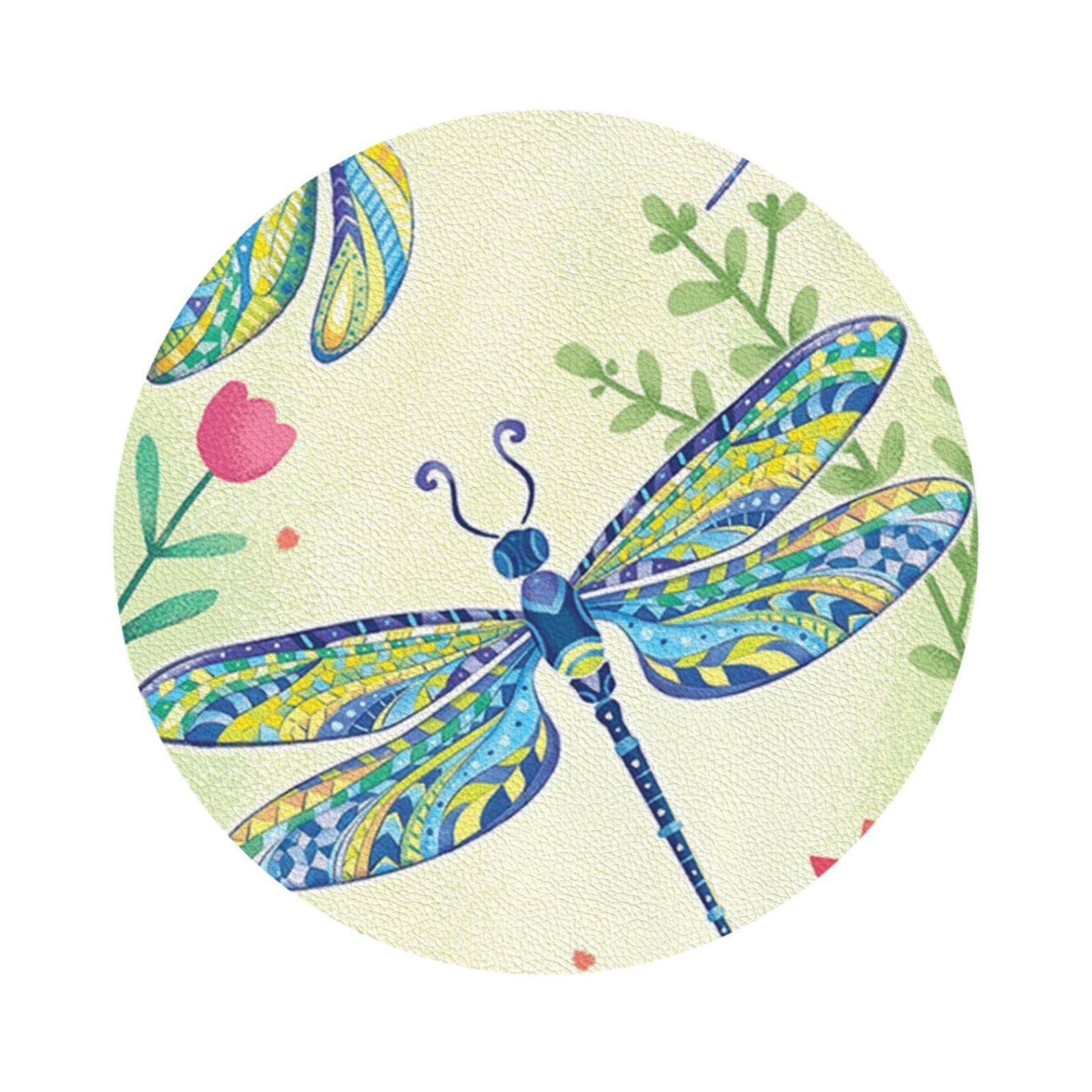 Dragonflies and Flowers PU Leather Coasters Set of 6 Round Drink Coasters