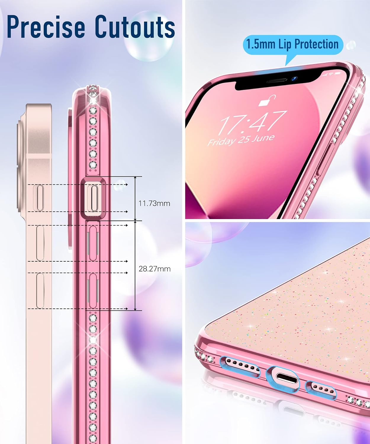 OCYCLONE Clear Glitter Compatible with iPhone 13 Case, Sparkle Diamond Case with Bling Camera Protection, Slim Soft Women Phone Case Designed for iPhone 13 6.1 inch - Clear Pink