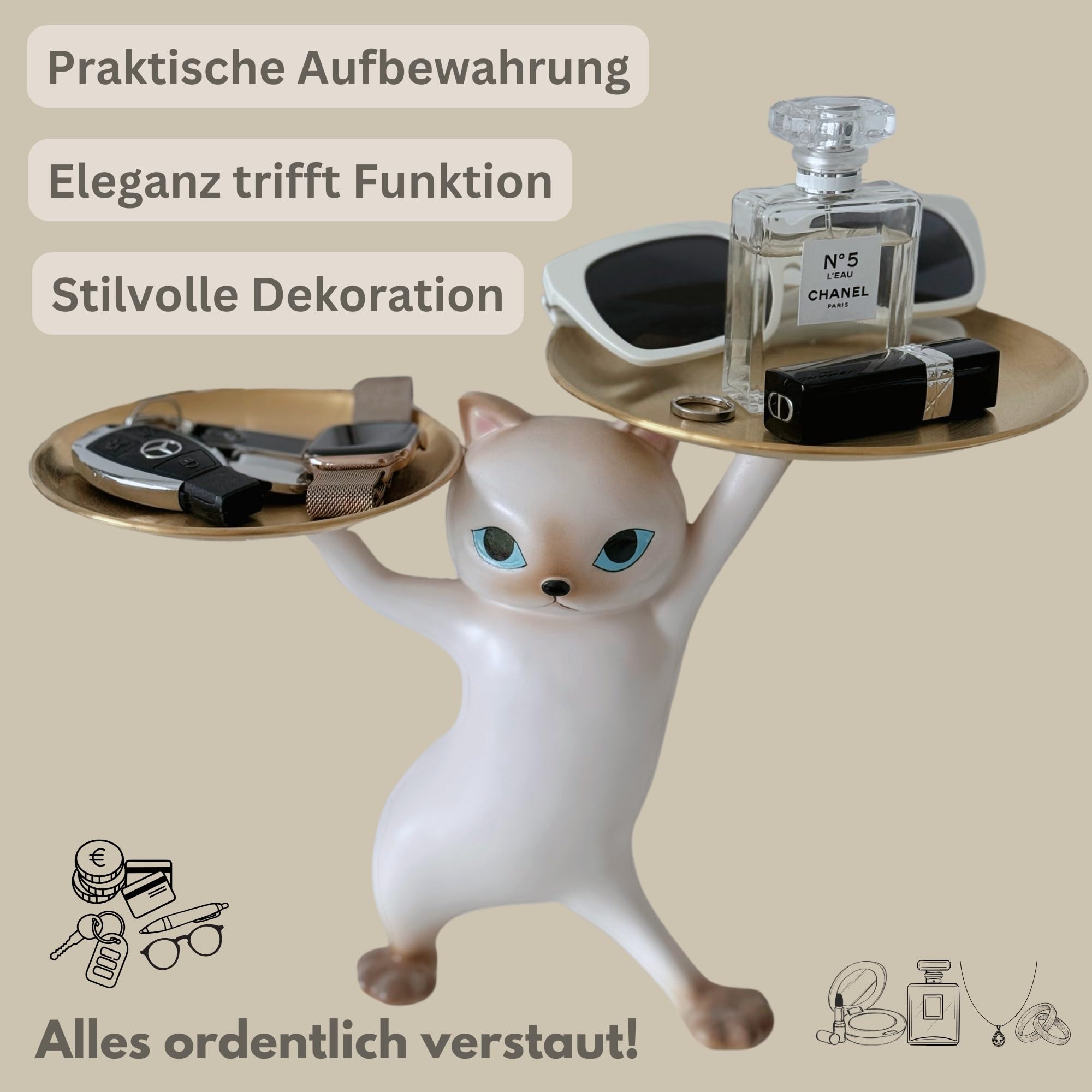 Elegante Katzenfigur Schlüsselschale für tischdeko - Skulptur Deko für Büro deko - deko Flur - Praktische Ablage für Schlüssel, Schmuck und Kleinigkeiten - Geschenk für Katzenliebhaber (Grau)