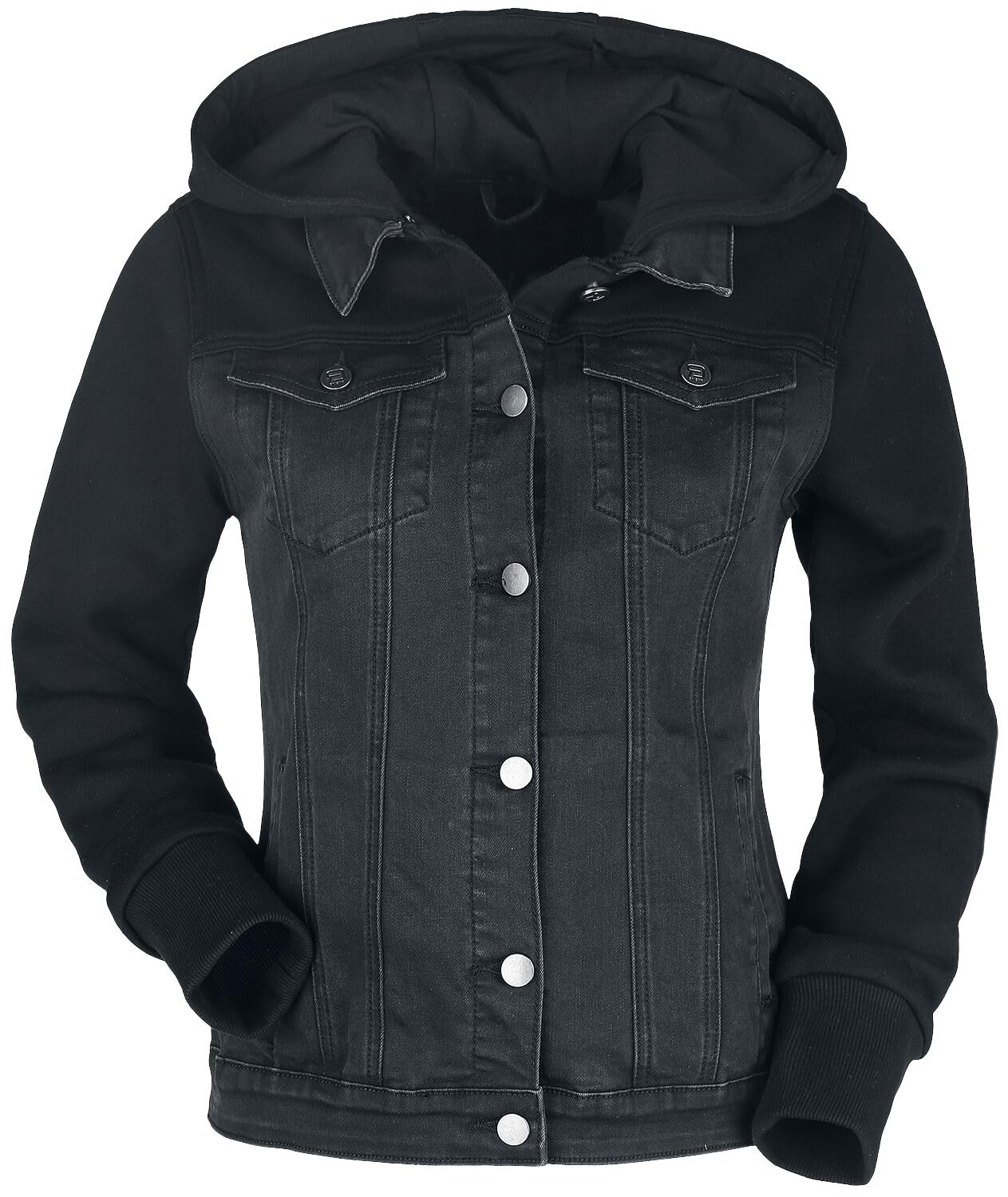 RED by EMP Damen schwarze Jeansjacke mit Sweatärmeln und Kapuze