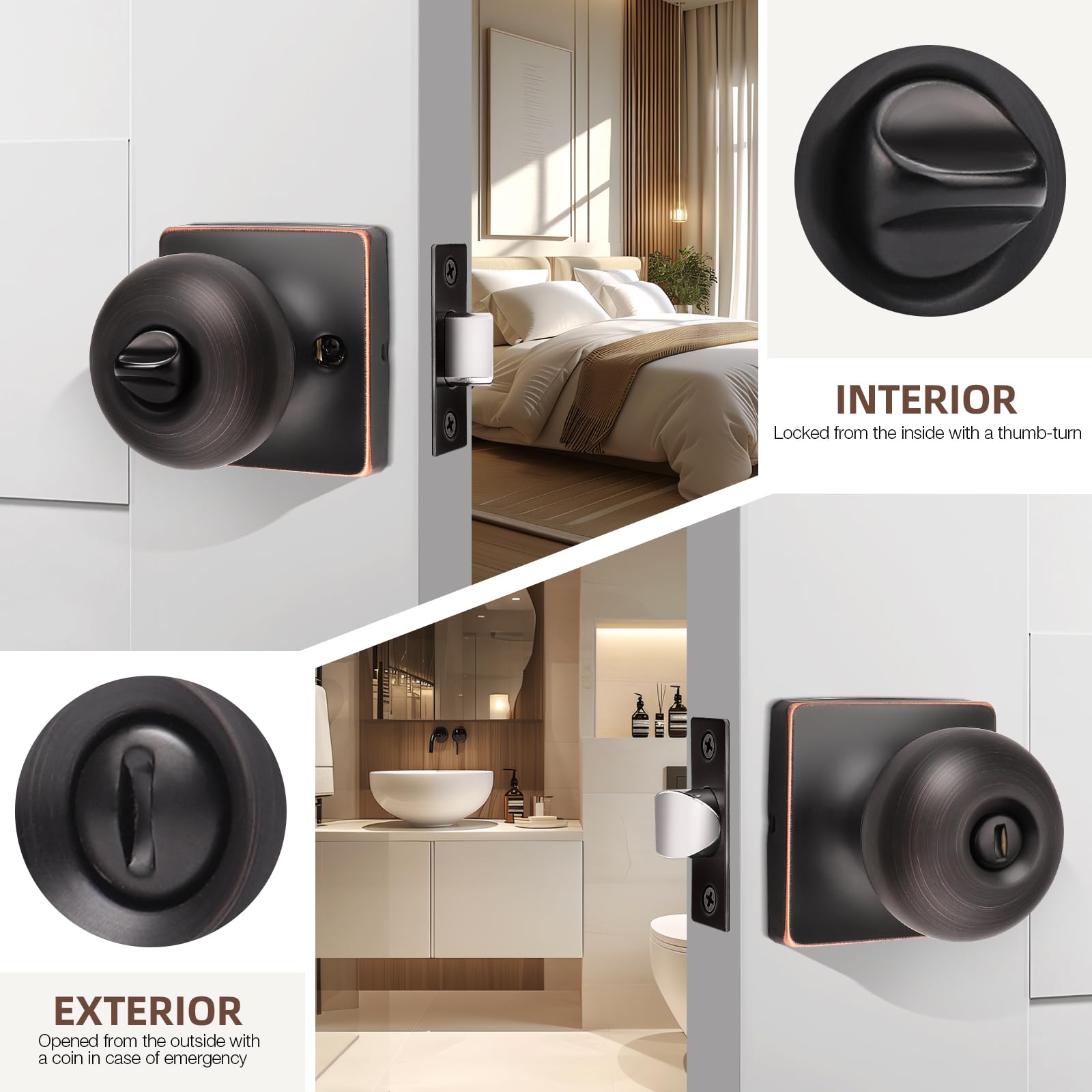 GOBEKOR Pack de 3 pomos de puerta de privacidad para interior de bronce aceitado sin llave, cuadrados, modernos pomos de puerta de acero inoxidable para dormitorio y baño