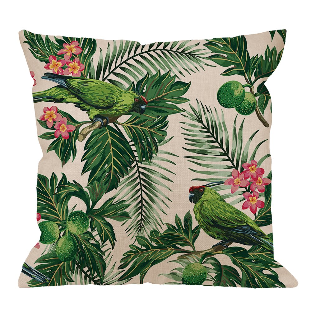 HGOD DESIGNSGreen Leaf Pillow Case,Seamless Exotic Tropical Pattern Leaves Fruits and Bird Cotton Linen Cushion Cover Square Standard Home Decorative for Men/Women 18x18 inch Green