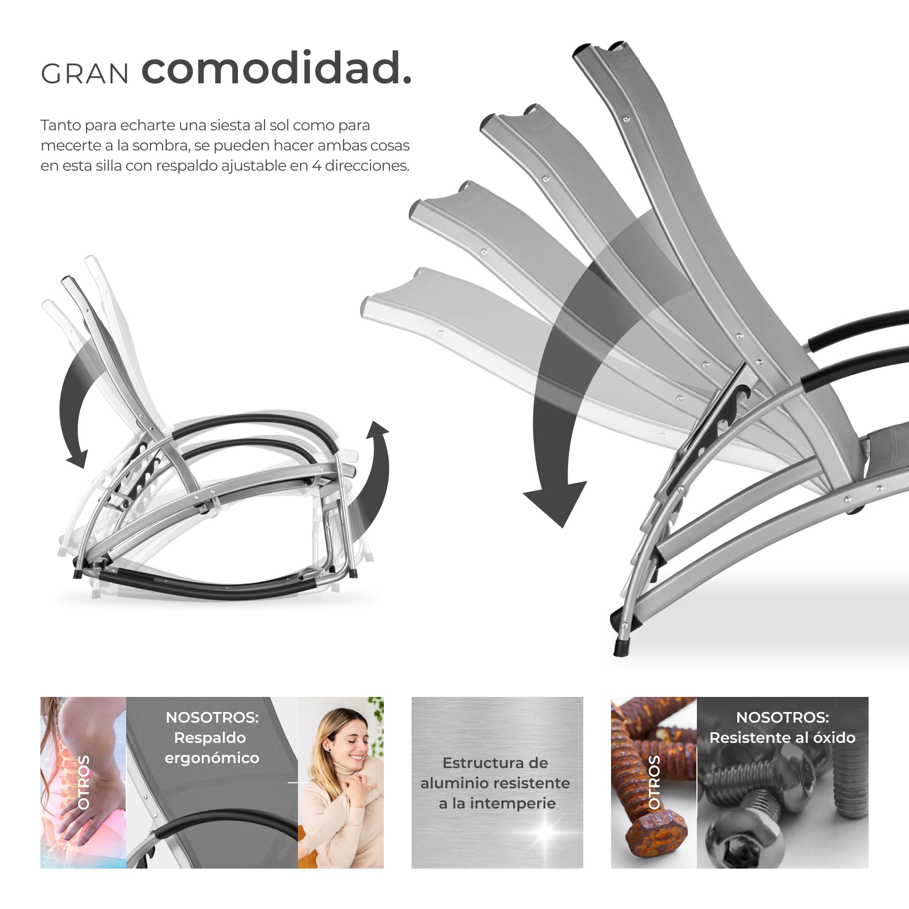tectake® Tumbona Mecedora 2 en 1, Tumbona Jardín Exterior, Silla Mecedora, Respaldo Ajustable, Estructura de Aluminio, Tejido Transpirable, Ideal para Jardín y Playa - 2 Unidades