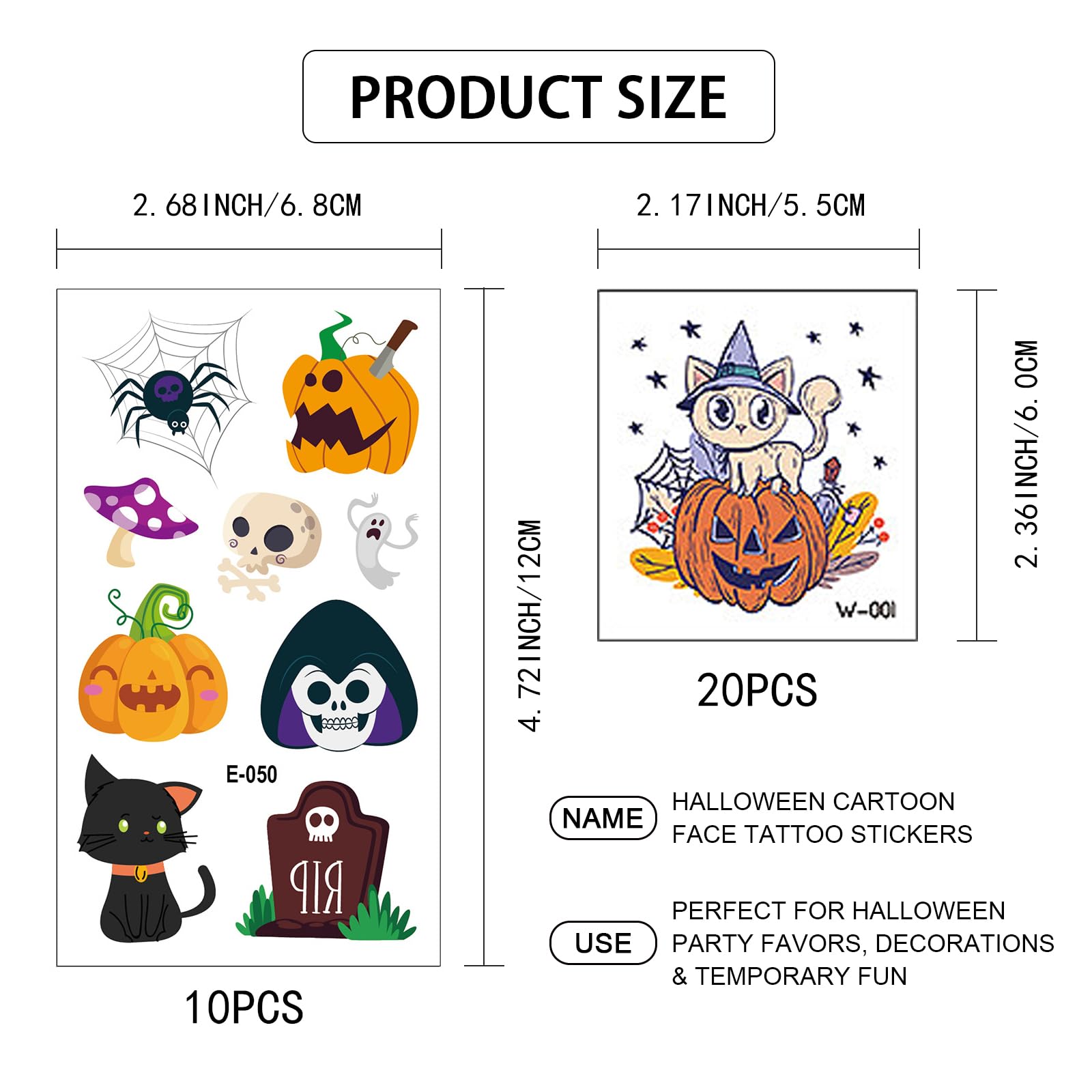 Eowppue 30 Sheets of Halloween Cartoon Face Tattoo Stickers, Cute Pumpkin & Quirky Waterproof Designs for Kids and Adults - Image 2