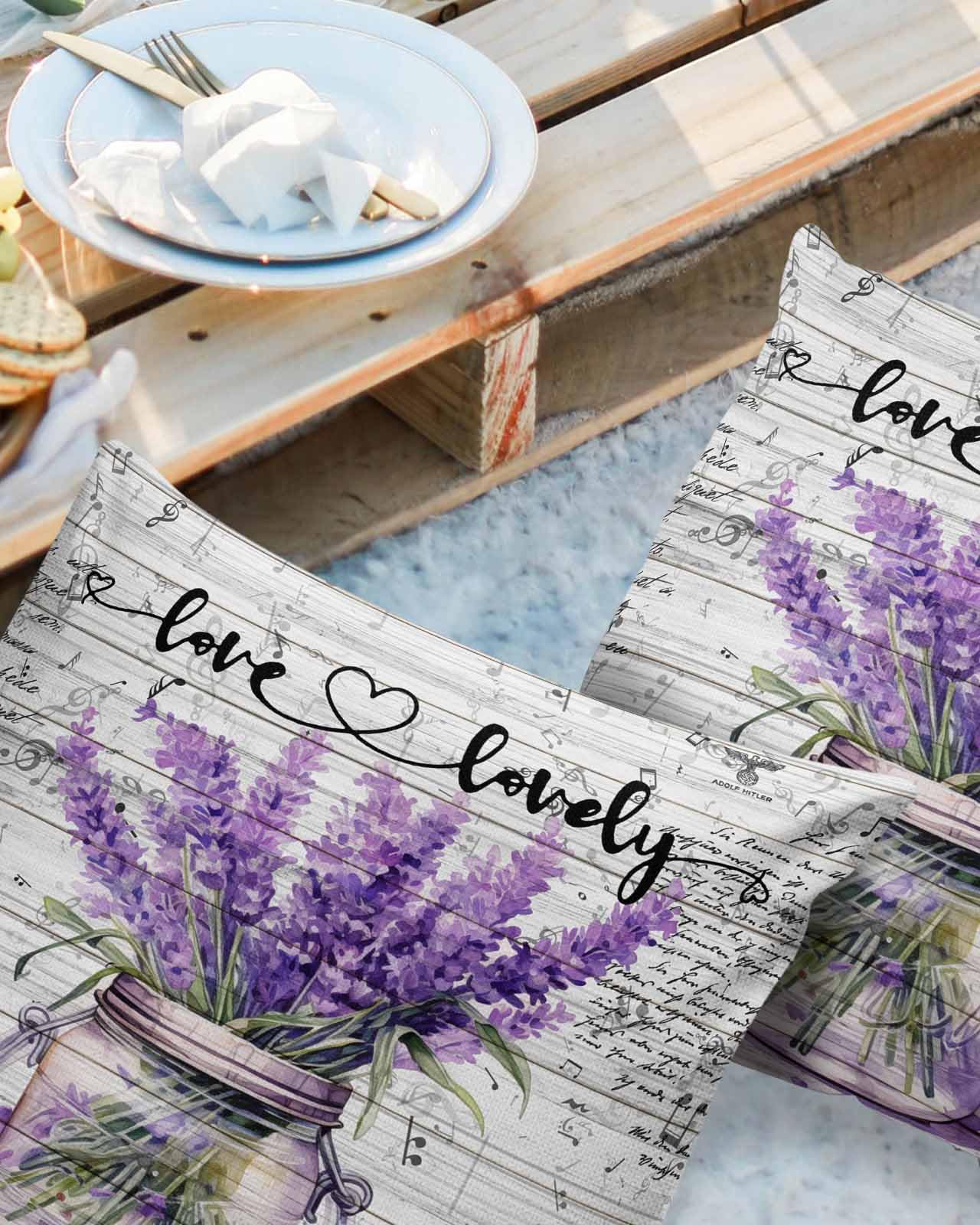 Purple Lavender Outdoor Pillow Cover 18x18 Inch Cushion Sham Case, Waterproof Decorative Square Throw Pillowcase for Outside Garden Patio Porch Couch Chair Tent Retro Farmhouse Shabby Chic Wood Board
