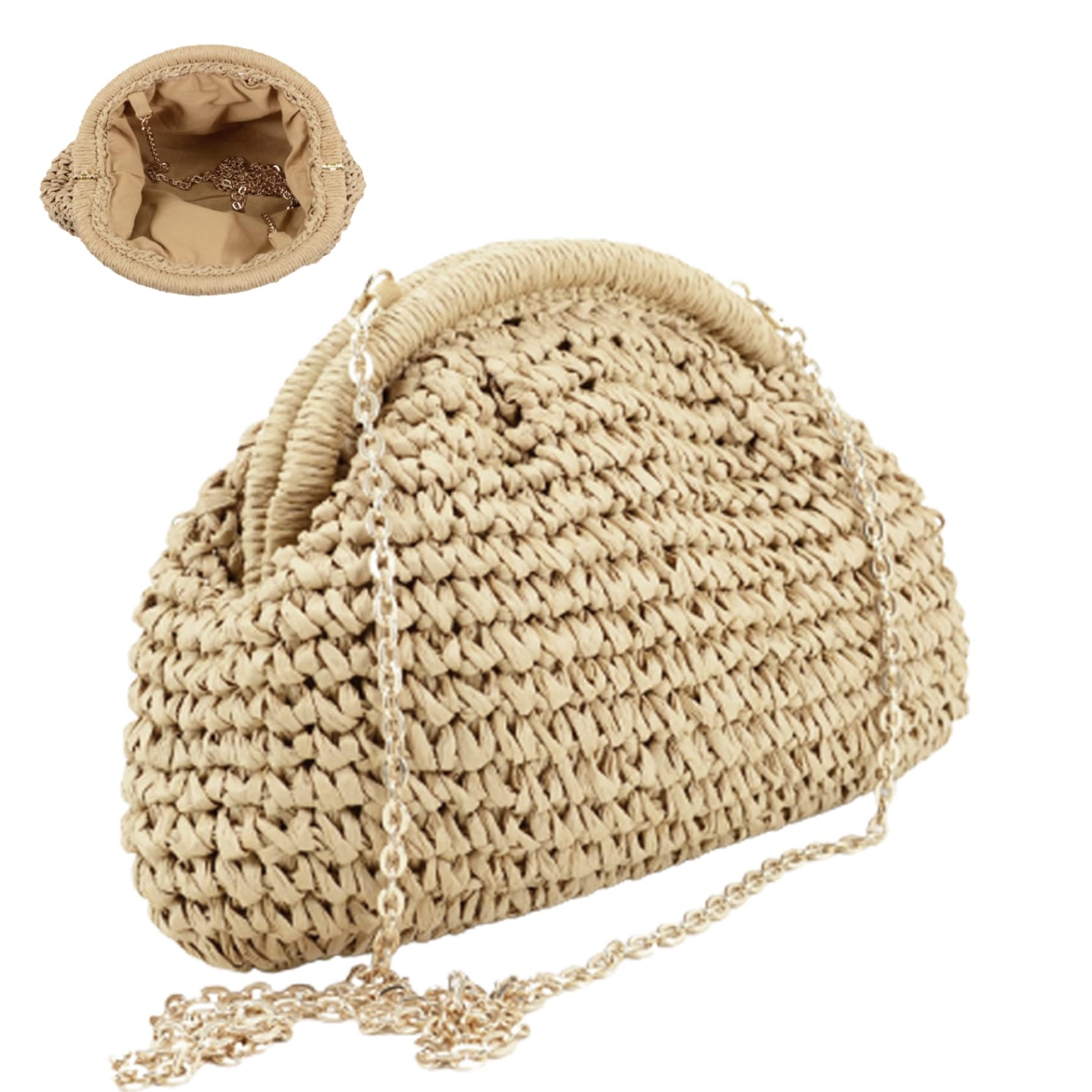 Straw Clutch Crossbody Bag for Women - Raffia Beach Shoulder Handbag, Woven Dumpling Pouch for Party, Wedding, Summer Beach - Beige