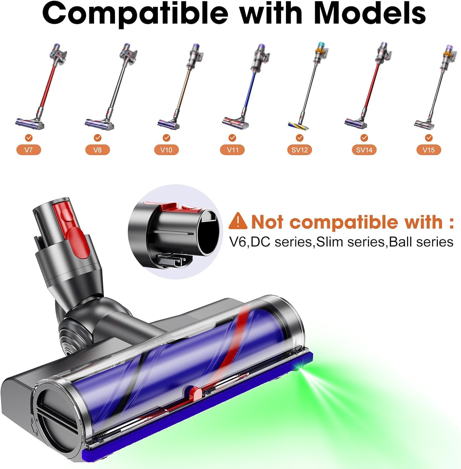 Electric Brush Compatible with Dyson V7, V8, V10, V11, V15 Vacuum Cleaner Attachment, Part Direct Drive Cleaner Head Turbine Floor Nozzle for Turbo Brush with Quick Release for Hard Floors